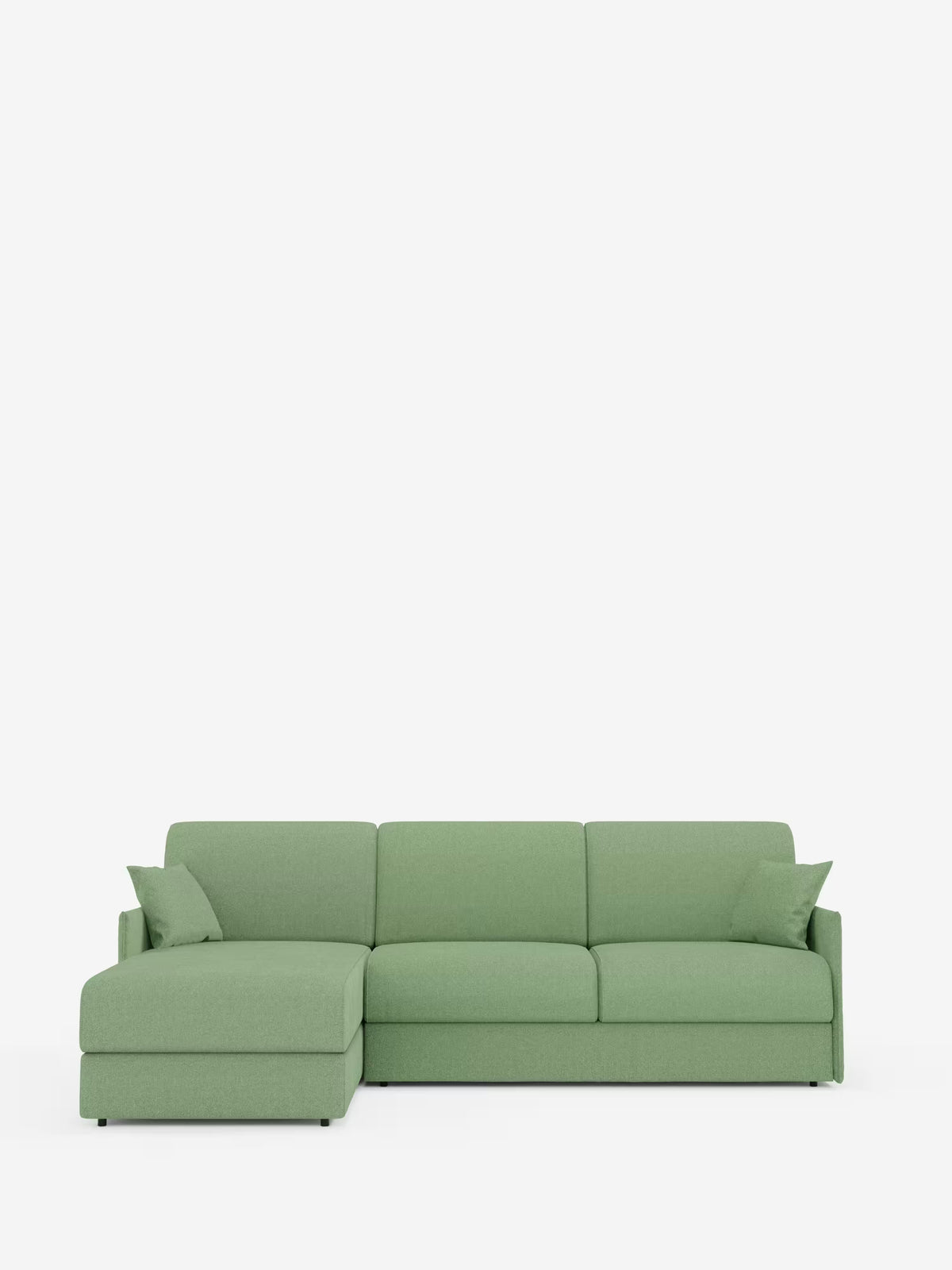 Vi presentiamo il divano letto angolare con penisola contenitore Evans di Divani.Store: un divano componibile contemporaneo di colore verde dal design compatto, realizzato in tessuto T23 resistente alle macchie. Dotato di una chaise longue sul lato sinistro con un pratico vano contenitore (penisola contenitore), questo divano può ospitare comodamente tre persone e include due cuscini decorativi coordinati. Con i suoi cuscini rigidi, i braccioli bassi e le linee minimaliste che risaltano su uno sfondo