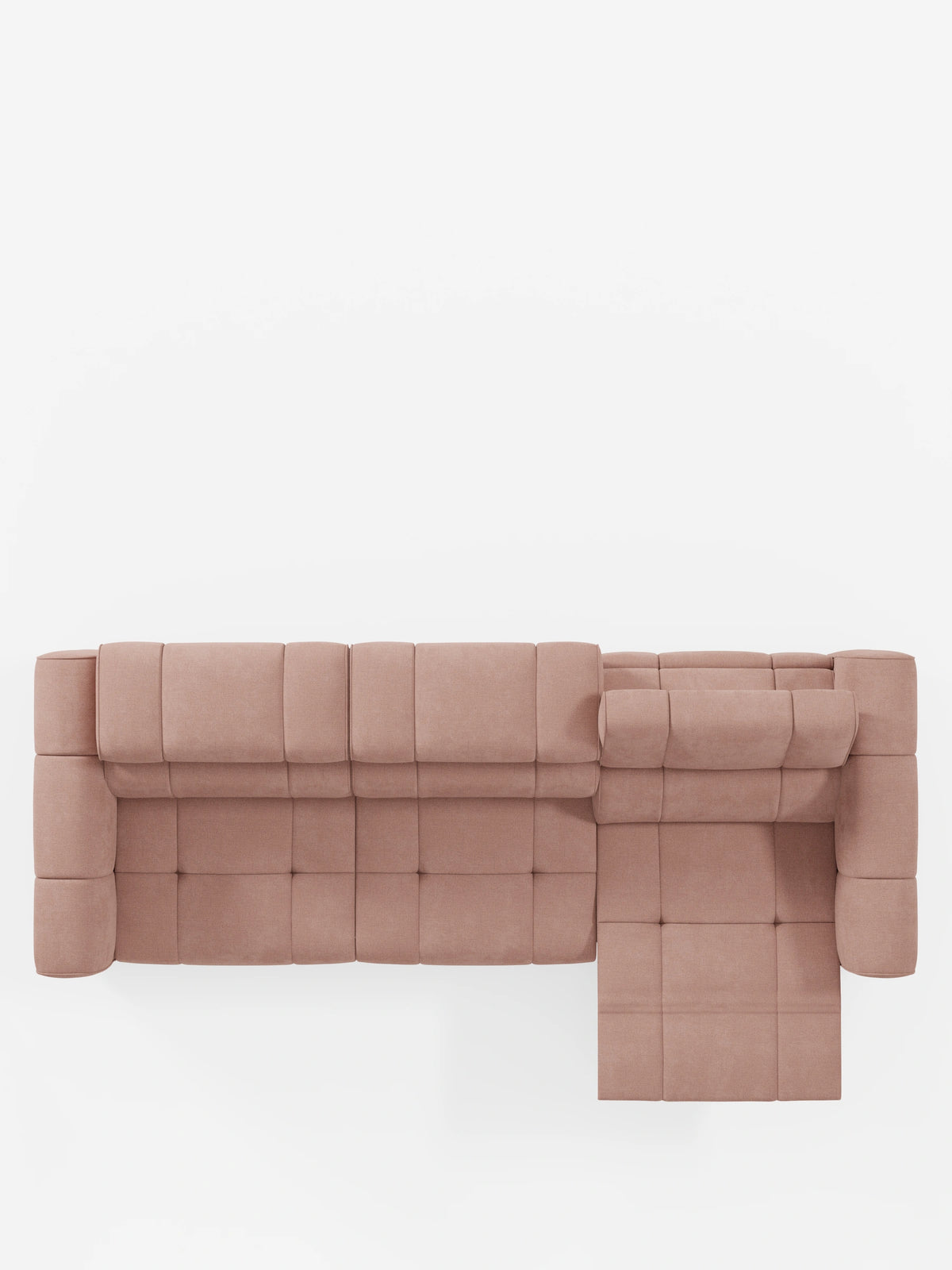 Vista dall'alto di un divano modulare Giotto a 4 posti con poggiatesta reclinabili e funzione relax elettrica opzionale, rivestito in tessuto smacchiabile T23 in rosa tenue, caratterizzato da cuscini trapuntati, poggiatesta regolabile e poggiapiedi estensibile.