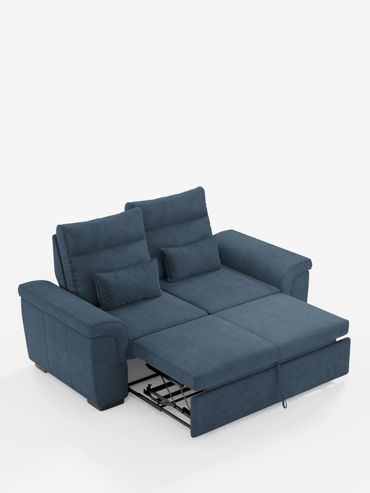 Il divano Ischia a tre posti con pouf estraibile e schienali scorrevoli in tessuto misto lino smacchiabile è un divano blu a tre posti con pouf estraibile, due schienali scorrevoli e due cuscini coordinati su sfondo bianco.