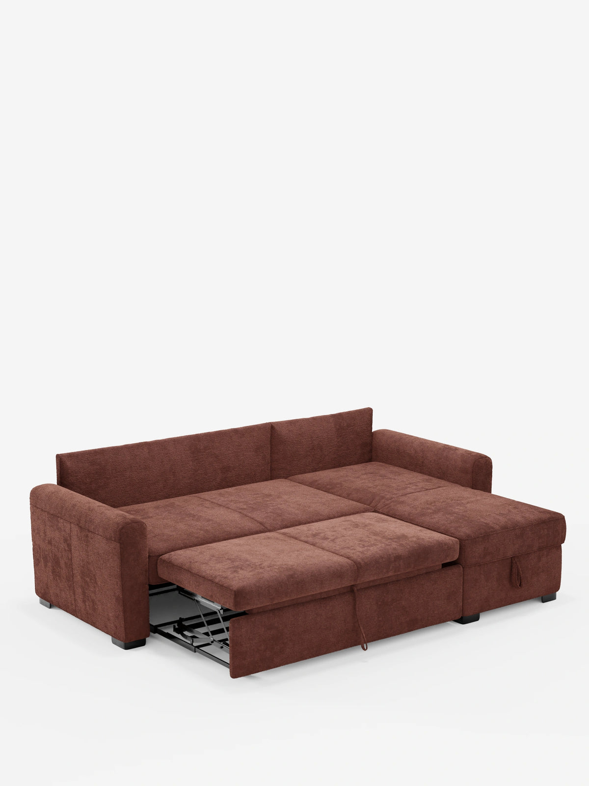Divano letto Ottaviano in tessuto marrone testurizzato con letto estraibile - penisola reversibile e contenitore in tessuto materico smacchiabile, raffigurato in una configurazione parzialmente estesa con contenitore integrato e base estraibile su sfondo bianco.