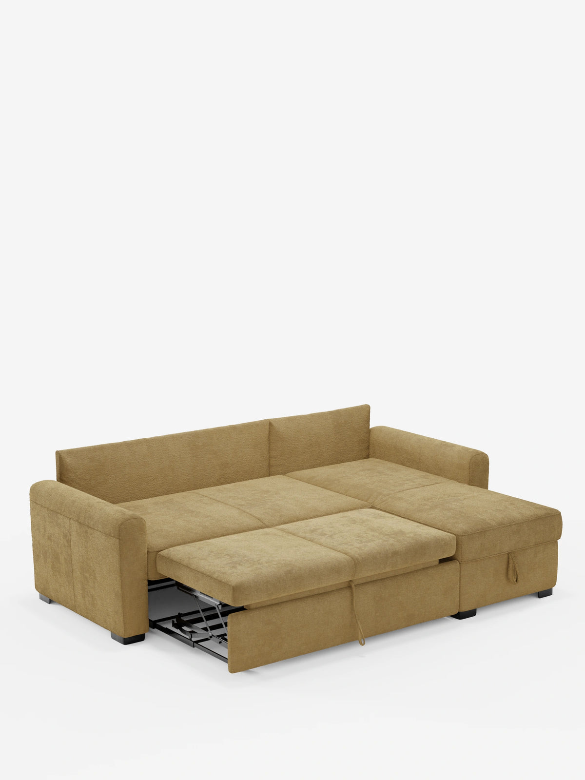 Il divano letto Ottaviano con letto estraibile - penisola reversibile e contenitore in tessuto materico smacchiabile è un moderno divano ad angolo in tessuto color cuoio, dotato di letto estraibile, chaise longue sul lato destro e braccioli bassi e squadrati.