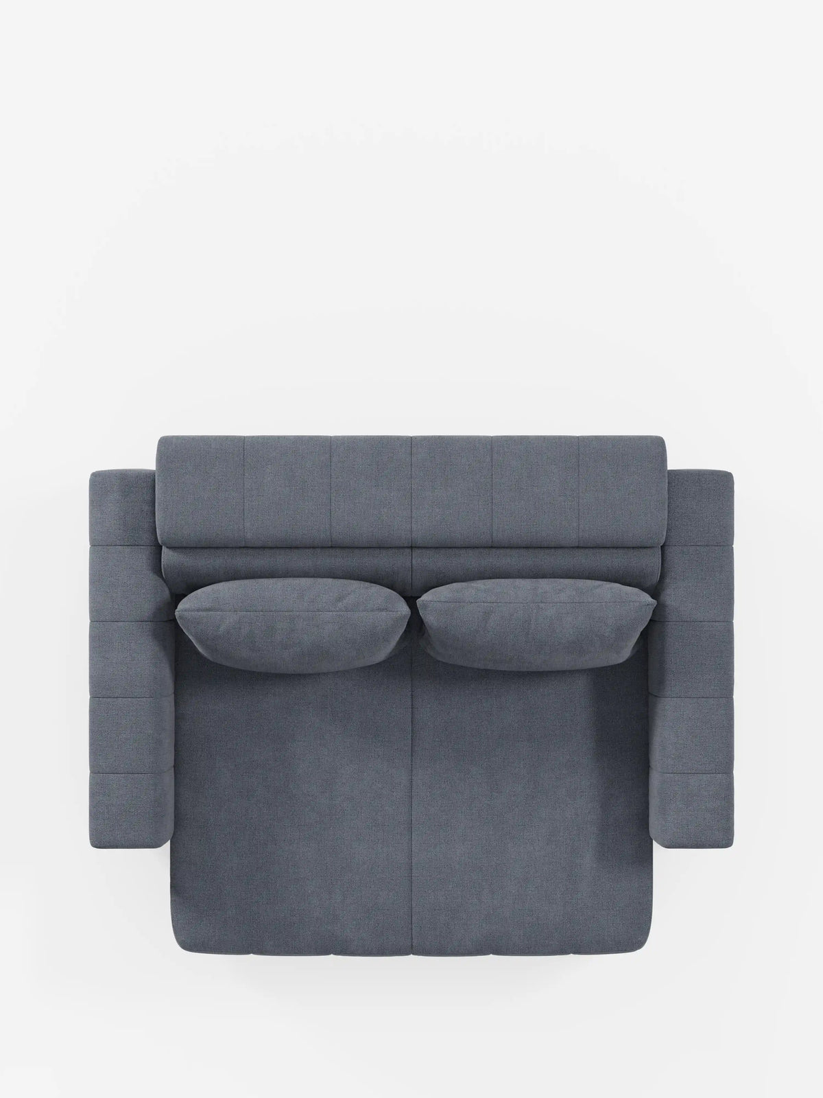 Vista dall'alto del divano dorico a 3 posti con sedute allungabili tramite meccanismo relax elettrico - poggiatesta reclinabile in tessuto smacchiabile T23 di Divani.Store. Questo moderno divano grigio presenta due cuscini di seduta rettangolari con sedute reclinabili elettricamente, due cuscini dello schienale con poggiatesta regolabili e due ampi braccioli. Il design è minimalista e simmetrico, con dettagli di cuciture a vista che risaltano su uno sfondo bianco pulito e uniforme.