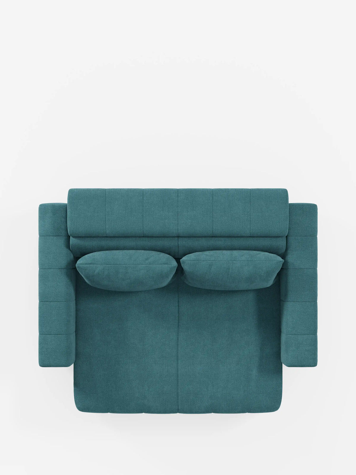 Vista dall’alto del divano dorico a 3 posti di Divani.Store, rivestito in tessuto T23 color verde acqua resistente alle macchie, con un moderno design dai braccioli squadrati e due cuscini coordinati, su sfondo bianco. Questo divano presenta un rivestimento a motivo a griglia sia sullo schienale che sui braccioli, oltre a sedute estensibili tramite reclinazione elettrica e poggiatesta regolabili, fondendo perfettamente lo stile contemporaneo con un comfort migliorato.