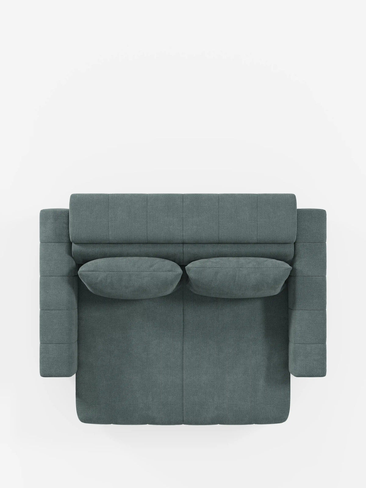 Una vista dall'alto del divano dorico a 3 posti con sedute allungabili tramite meccanismo relax elettrico - poggiatesta reclinabile in tessuto lavabile T23 di Divani.Store, caratterizzato da un moderno rivestimento verde scuro, due cuscini coordinati e ampi braccioli squadrati, su sfondo bianco.
