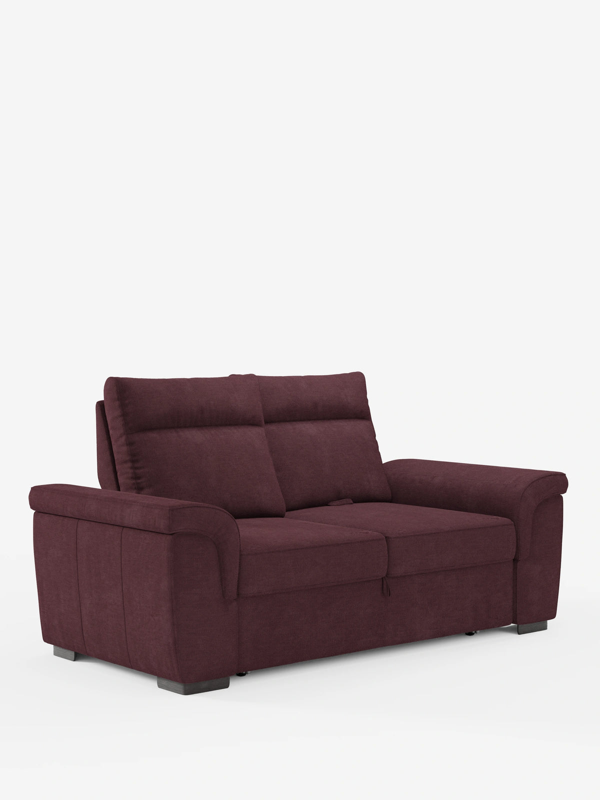 Il divano Ischia a tre posti con pouf estraibile e schienali regolabili in tessuto misto lino lavabile è un divano color bordeaux scuro con braccioli imbottiti, schienali regolabili e piedini bassi e scuri su sfondo bianco.