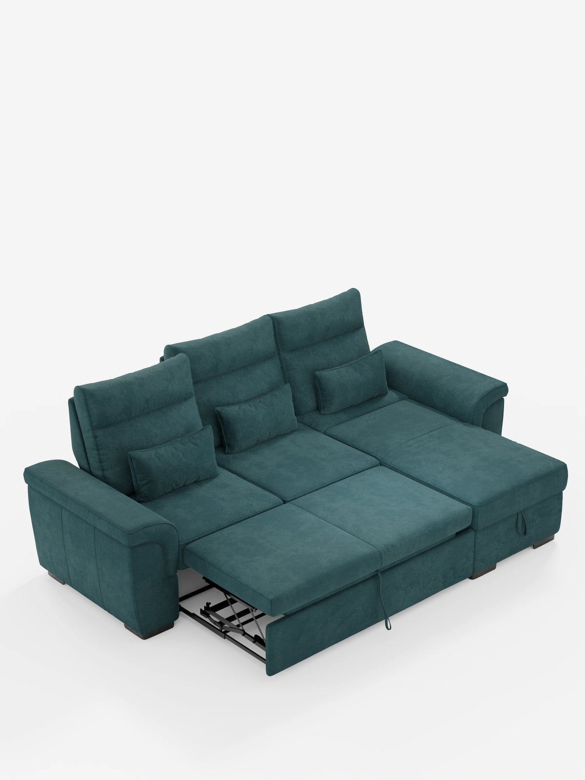 Vista dall'alto di un divano letto angolare Ischia color verde acqua con schienali regolabili, una parte estraibile e una chaise longue con vano contenitore, su sfondo bianco.