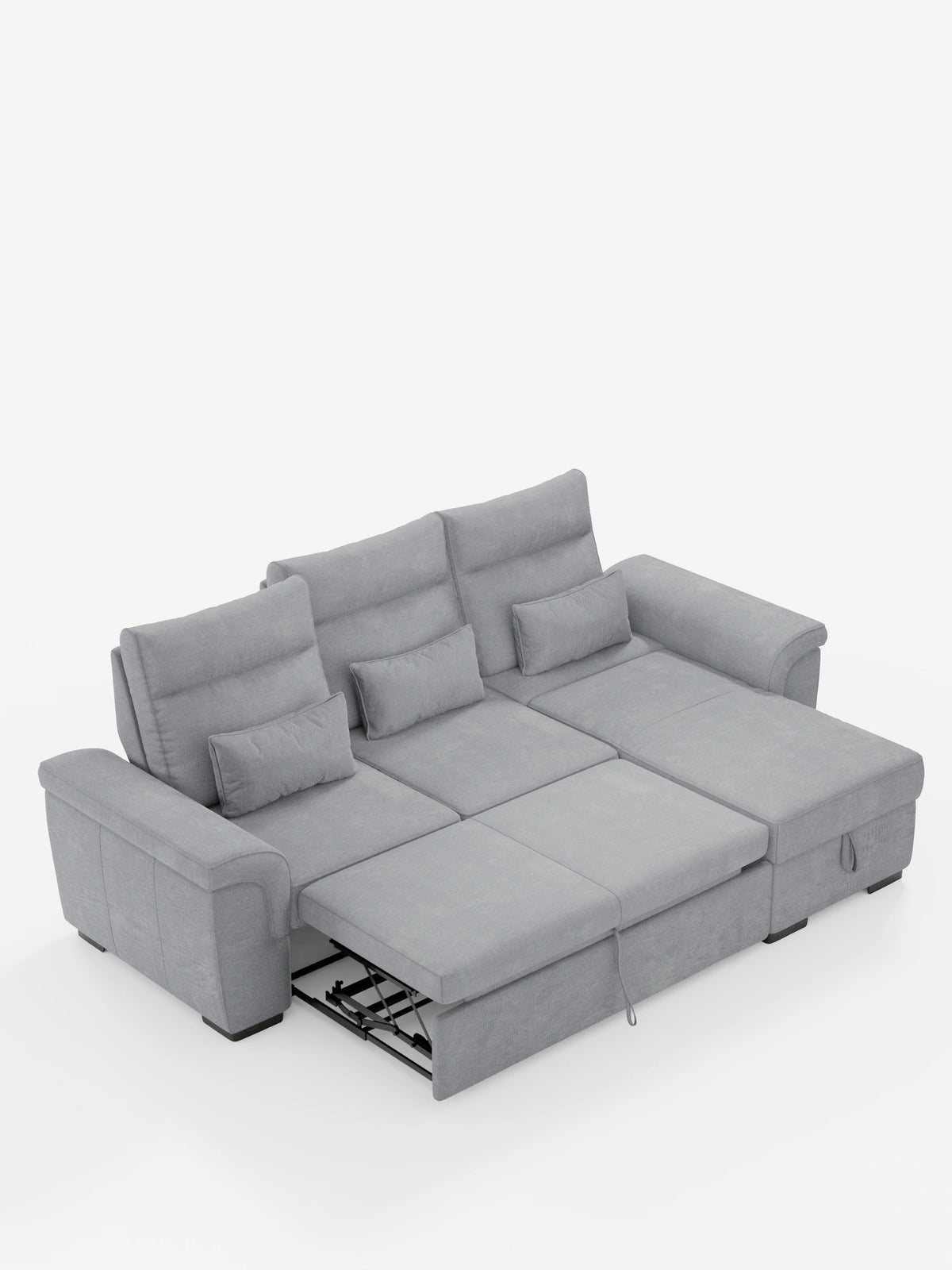 Il divano letto angolare Ischia, di colore grigio chiaro, con schienali regolabili, elemento estraibile e chaise longue contenitore in tessuto antimacchia misto lino, si staglia su uno sfondo bianco con il suo letto estraibile, gli schienali regolabili e la chaise longue contenitore.