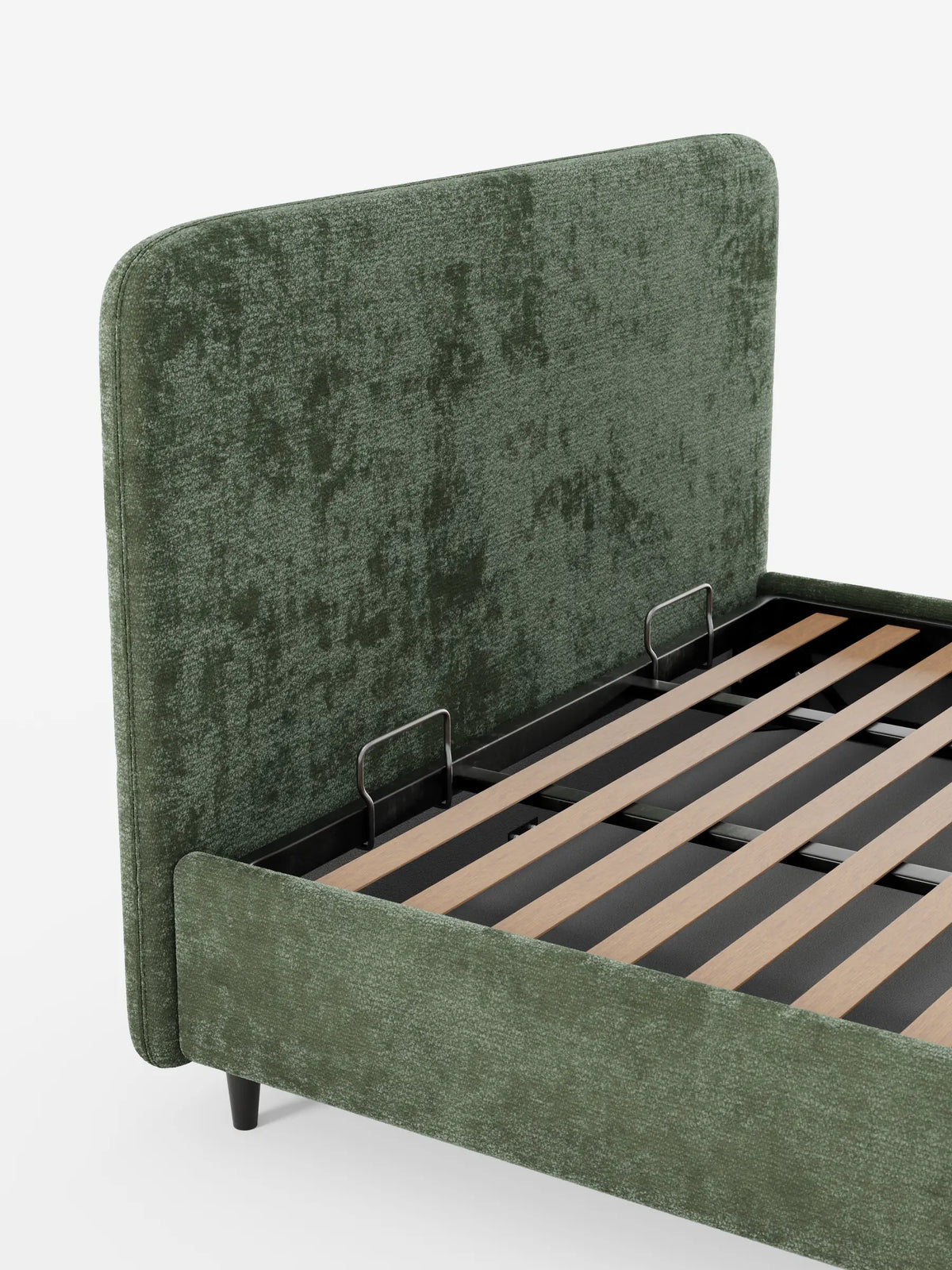 KAELOS, letto imbottito in stile minimalista - contenitore, gambe alte e testiera arrotondata in tessuto ciniglia, rivestito in verde oliva testurizzato, caratterizzato da una testiera arrotondata, gambe alte nere e una base contenitore con doghe in legno e staffe.
