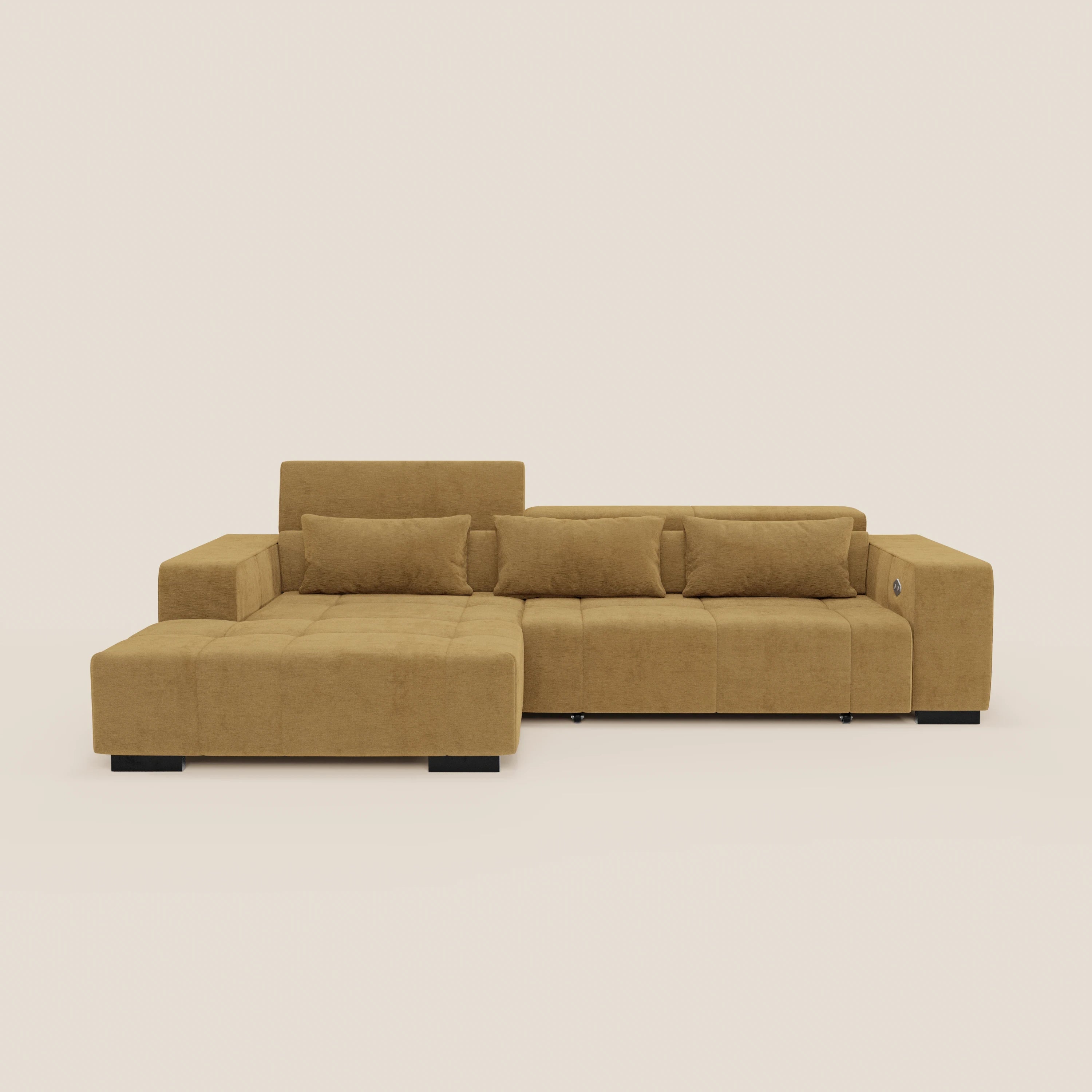 Monarch Divano angolare con penisola e Relax Elettrico per allungamento sedute - Poggiatesta Reclinabili in tessuto morbido smacchiabile T31 - divani.store