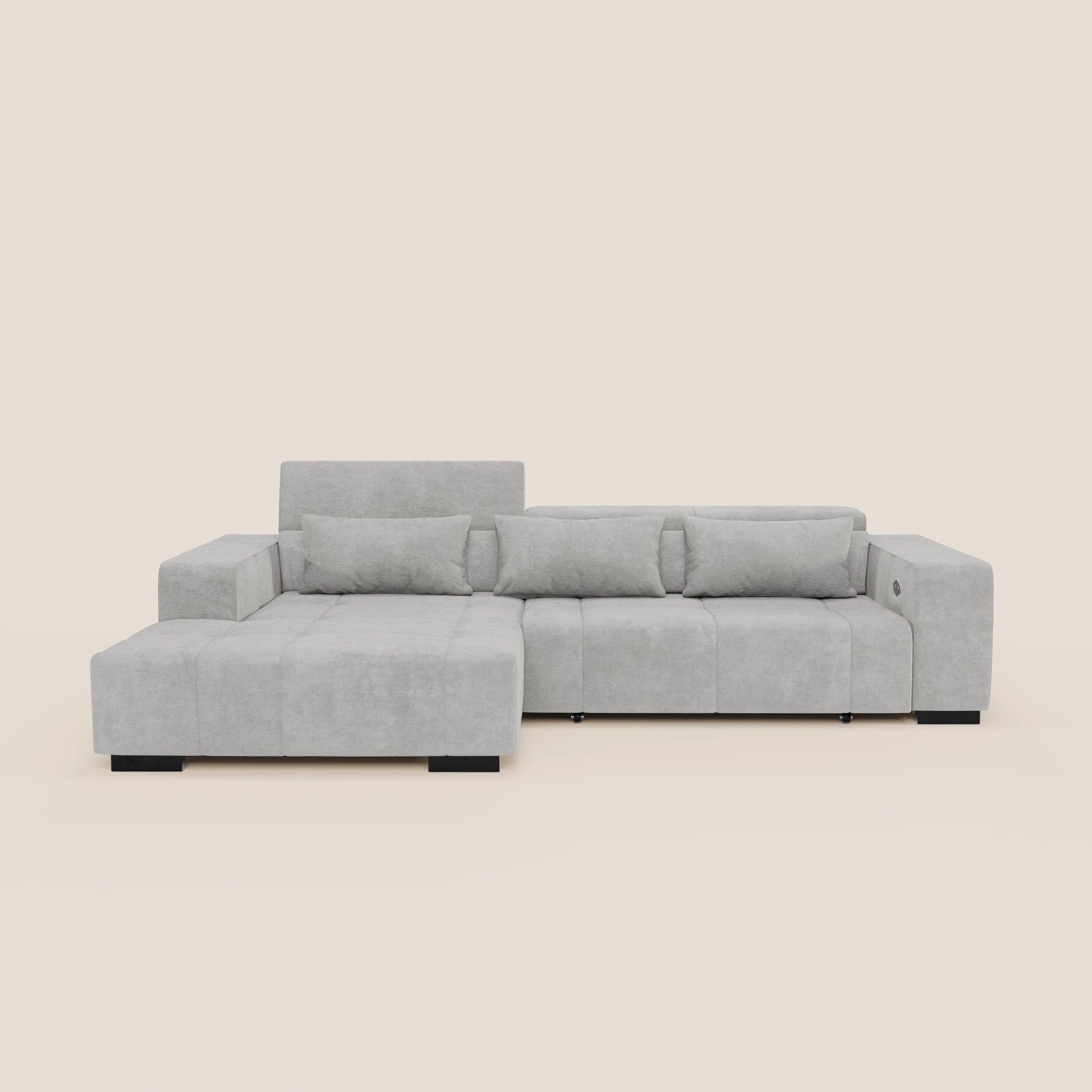 Monarch Divano angolare con penisola e Relax Elettrico per allungamento sedute - Poggiatesta Reclinabili in tessuto morbido smacchiabile T31 - divani.store