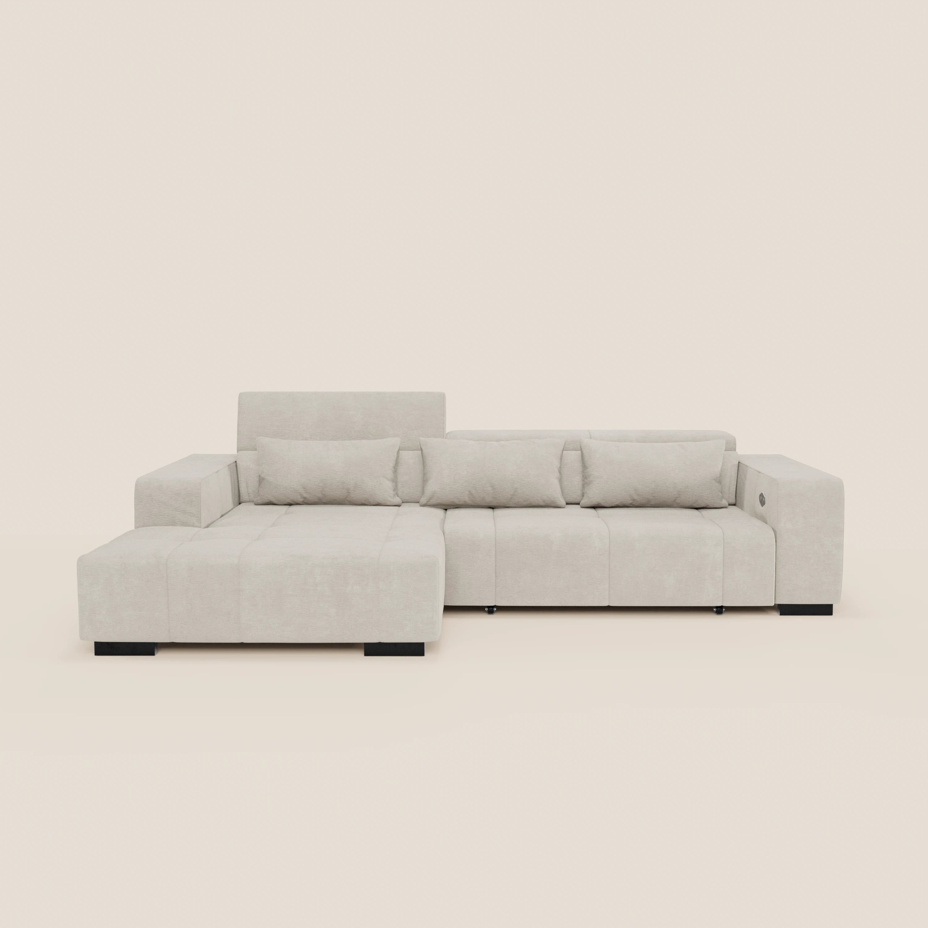Monarch Divano angolare con penisola e Relax Elettrico per allungamento sedute - Poggiatesta Reclinabili in tessuto morbido smacchiabile T31 - divani.store