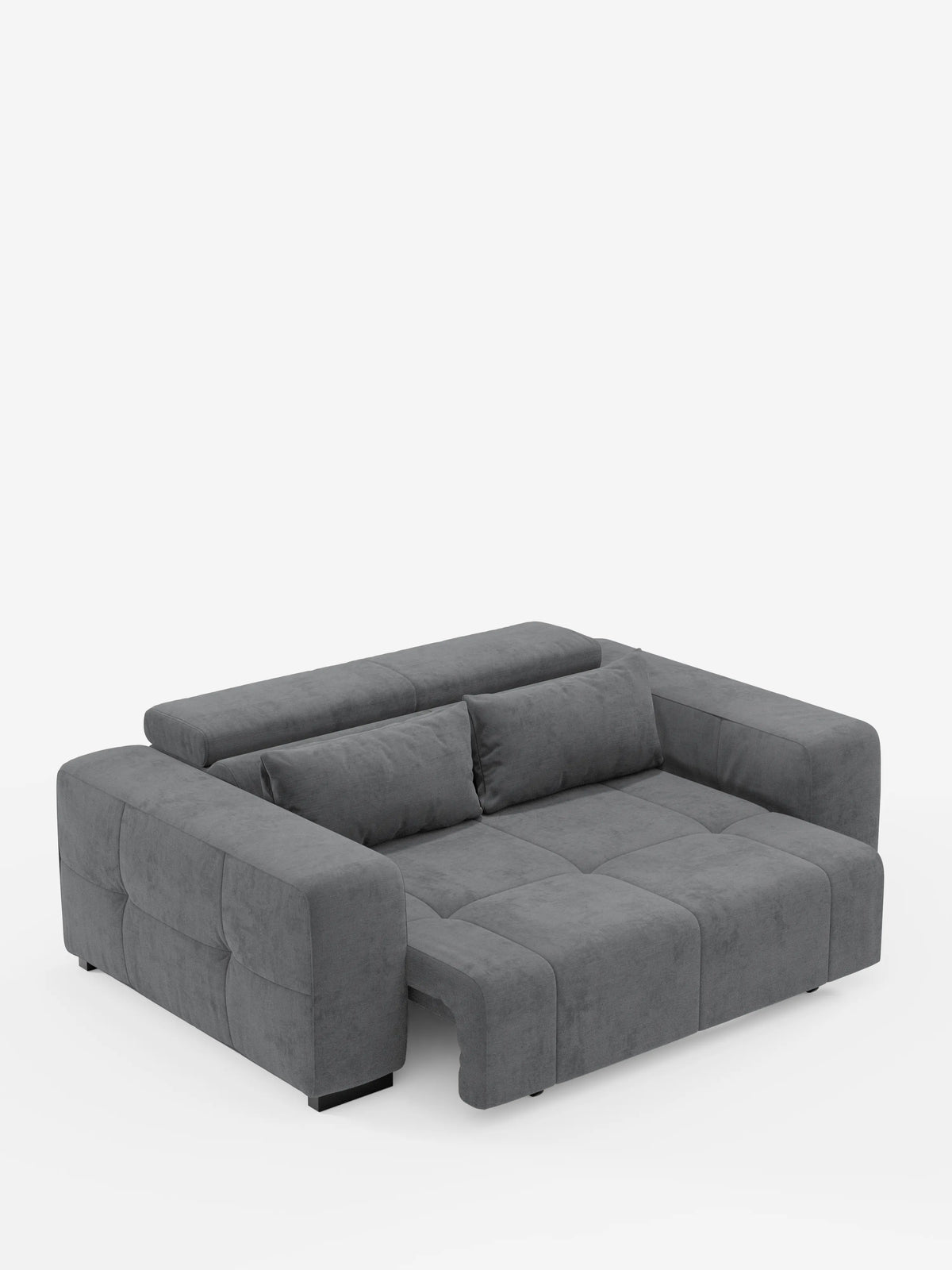 Il divano Monarch con relax elettrico di Divani.Store è un moderno divano angolare realizzato in morbido tessuto smacchiabile T31 color grigio scuro, caratterizzato da ampi braccioli e sedute con cuciture trapuntate. Questo divano offre la funzione relax elettrica per l’allungamento delle sedute e i poggiatesta reclinabili, creando una superficie simile a un letto, mentre due cuscini coordinati poggiano sullo schienale. Appoggiato su bassi piedini neri, il divano risalta su uno sfondo bianco.
