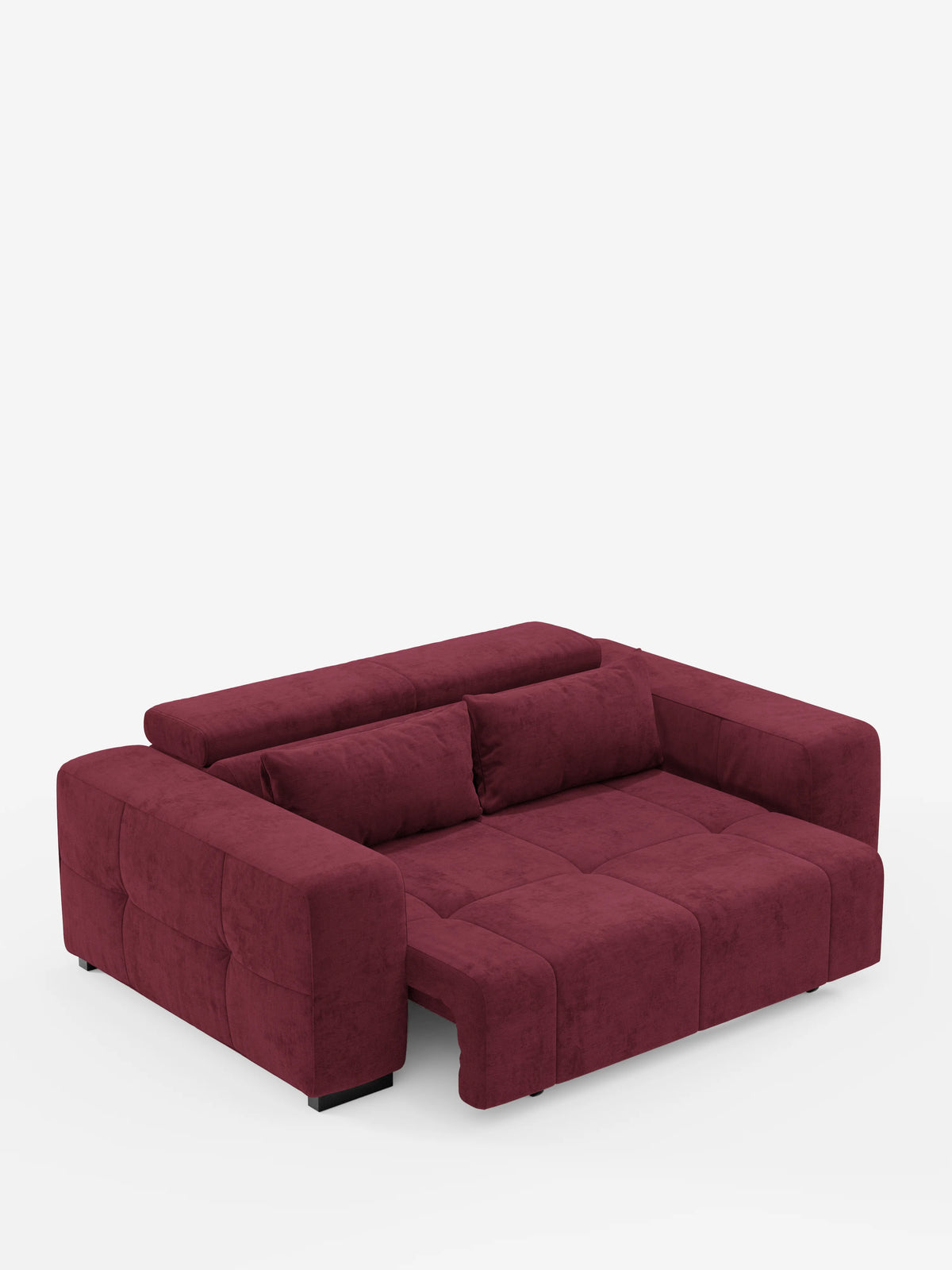 Un divano contemporaneo Monarch con funzione relax elettrica per l’allungamento delle sedute e poggiatesta reclinabile di Divani.Store, rivestito in morbido tessuto T31 antimacchia color bordeaux intenso. Questo moderno divano letto componibile è caratterizzato da schienale e braccioli bassi, con sedute allungabili elettricamente e poggiatesta regolabile per creare un'ampia zona notte. Immagine raffigurata su sfondo bianco a tinta unita.
