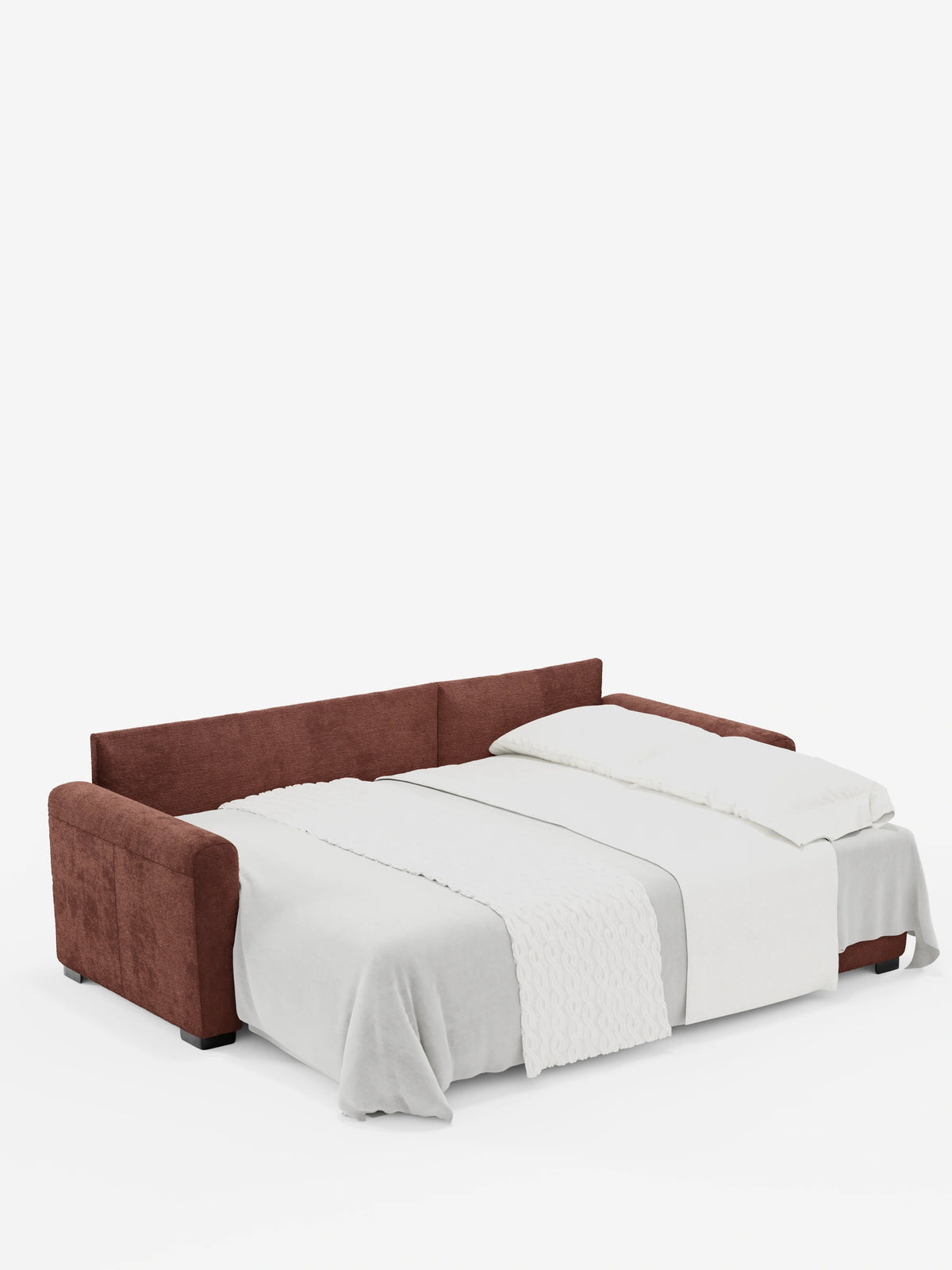 Un divano letto Ottaviano marrone con letto estraibile – penisola reversibile e contenitore in tessuto materico smacchiabile, trasformato in letto matrimoniale, rivestito con biancheria da letto bianca su uno sfondo bianco a tinta unita.