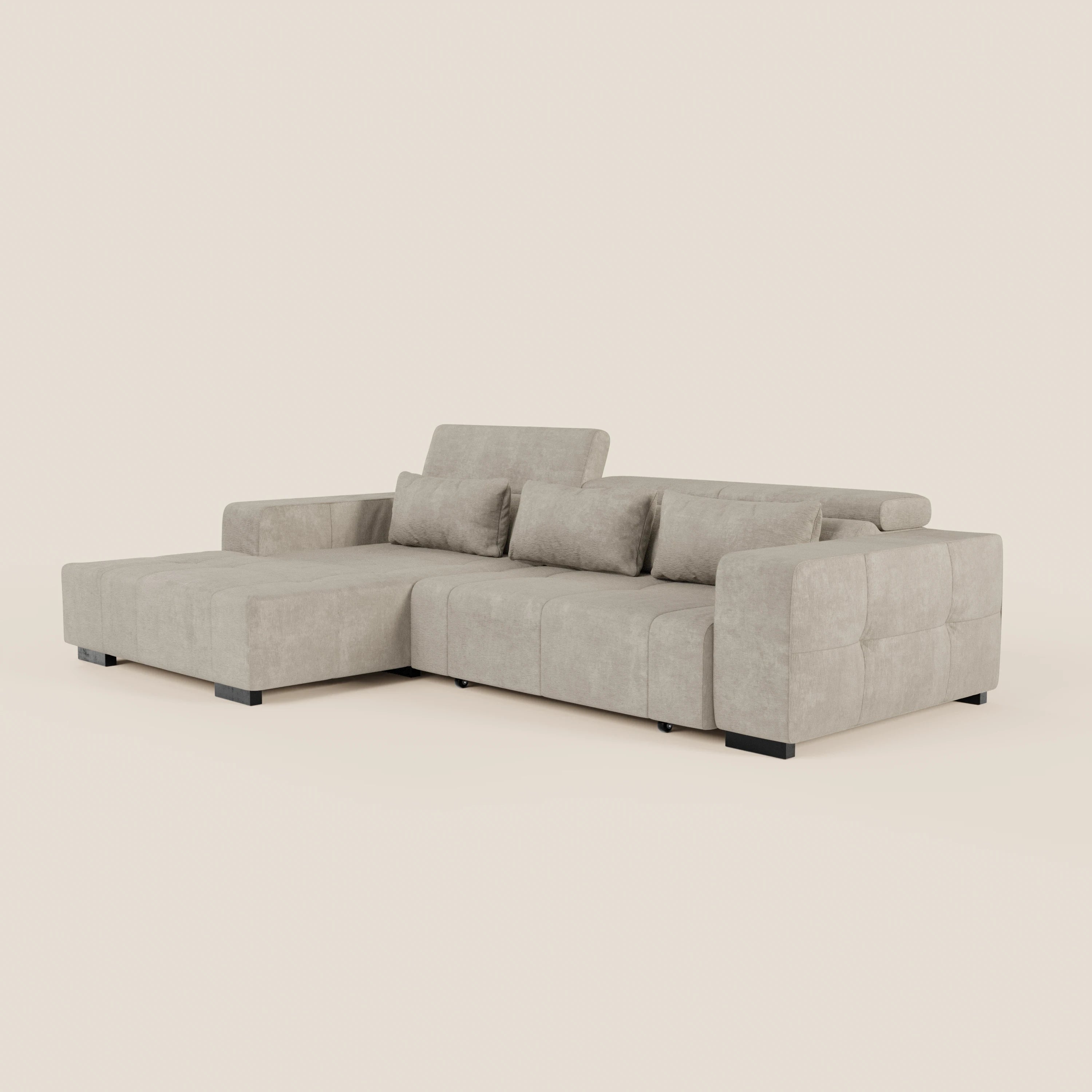 Monarch Divano angolare con penisola e Relax Elettrico per allungamento sedute - Poggiatesta Reclinabili in tessuto morbido smacchiabile T31 - divani.store