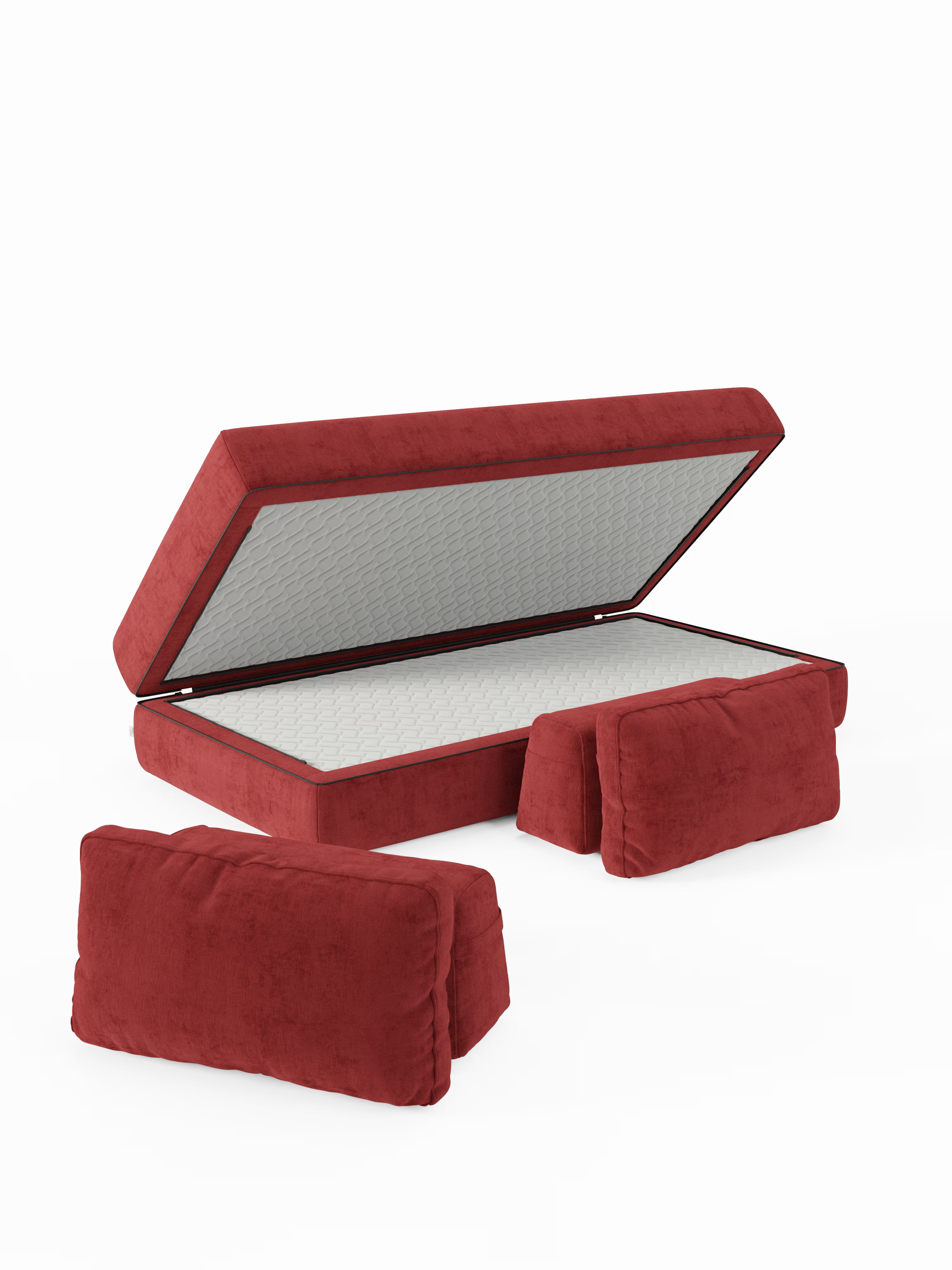 Viene mostrato un "Rift divano letto matrimoniale a 2 e 3 posti con schienali mobili" di Divani.Store, rivestito in rosso, con la piattaforma del materasso sollevata per rivelare l'ampio vano contenitore interno. Due cuscini rossi abbinati sono posizionati davanti, a suggerire che questo letto versatile possa fungere anche da seduta. È visibile il materasso alto 22 cm in memory foam nella versione T31, il tutto su uno sfondo bianco pulito.