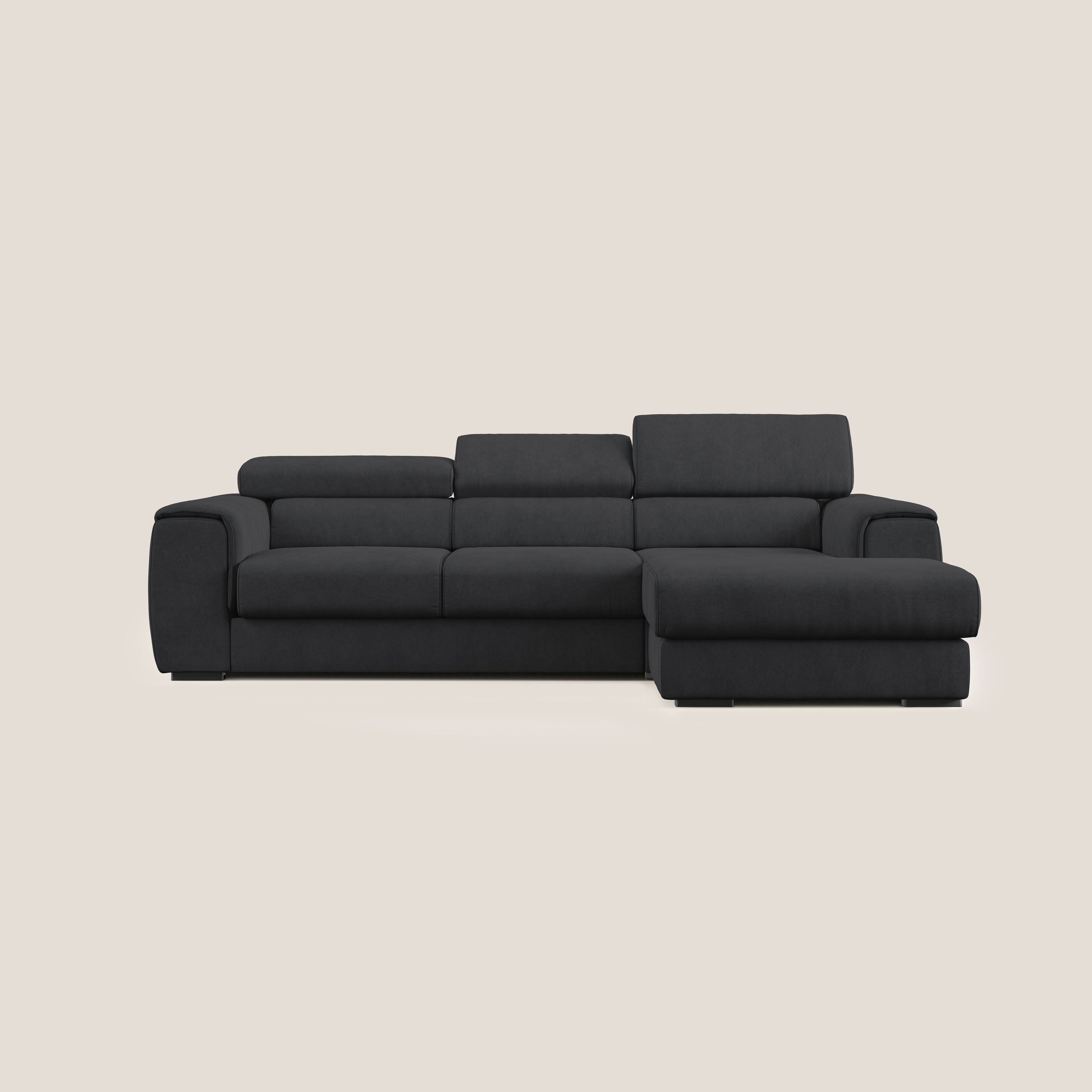 Zeno Divano angolare con pouf estraibile poggiapiedi in tessuto morbido impermeabile T02 nero - divani.store