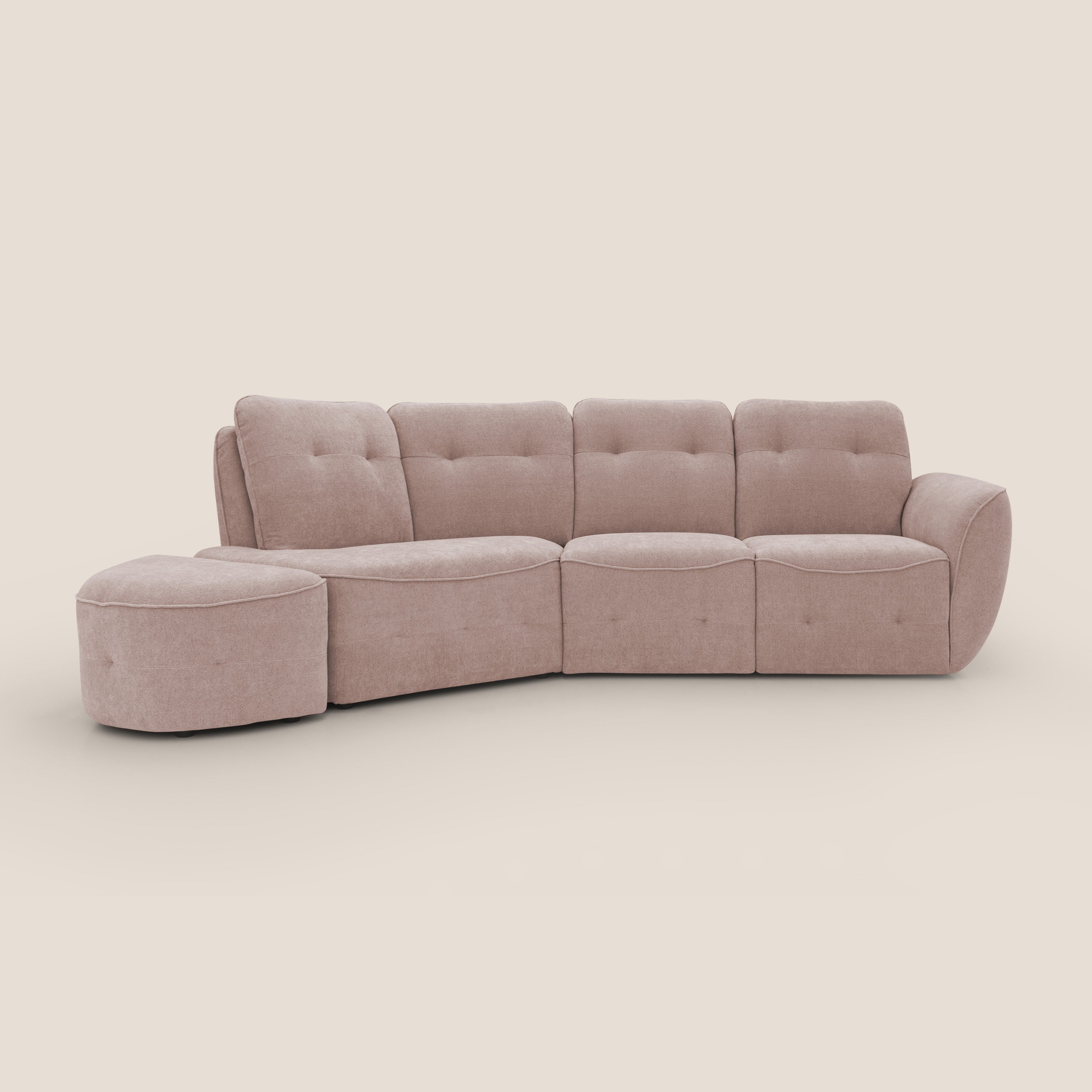 Cerbero divano angolare con pouf mobile in morbido bouclé impermeabile T07 rosa - divani.store