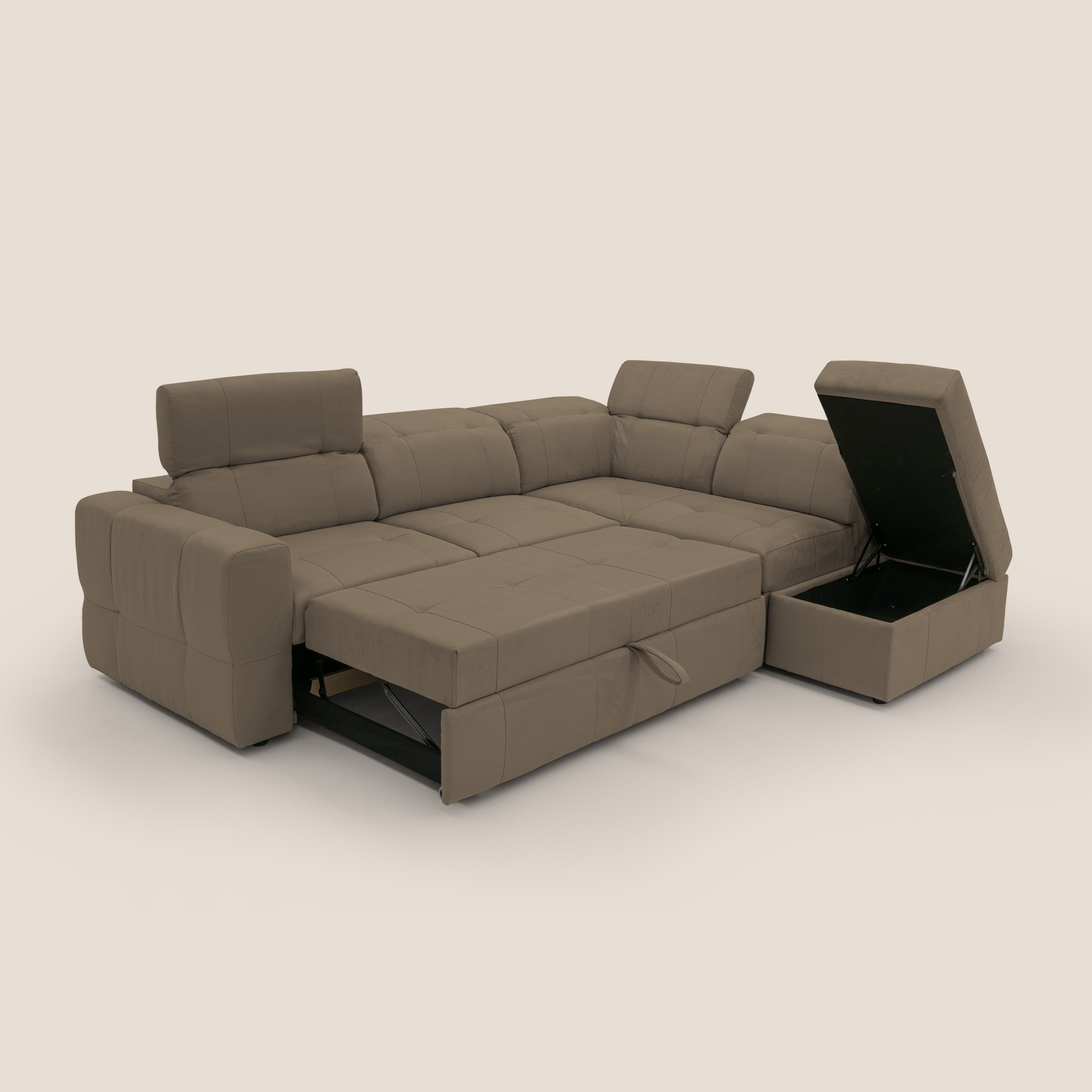 Kronos Divano angolare con poggiapiedi estraibile e pouf contenitore mobile in microfibra impermeabile T11 marrone - divani.store