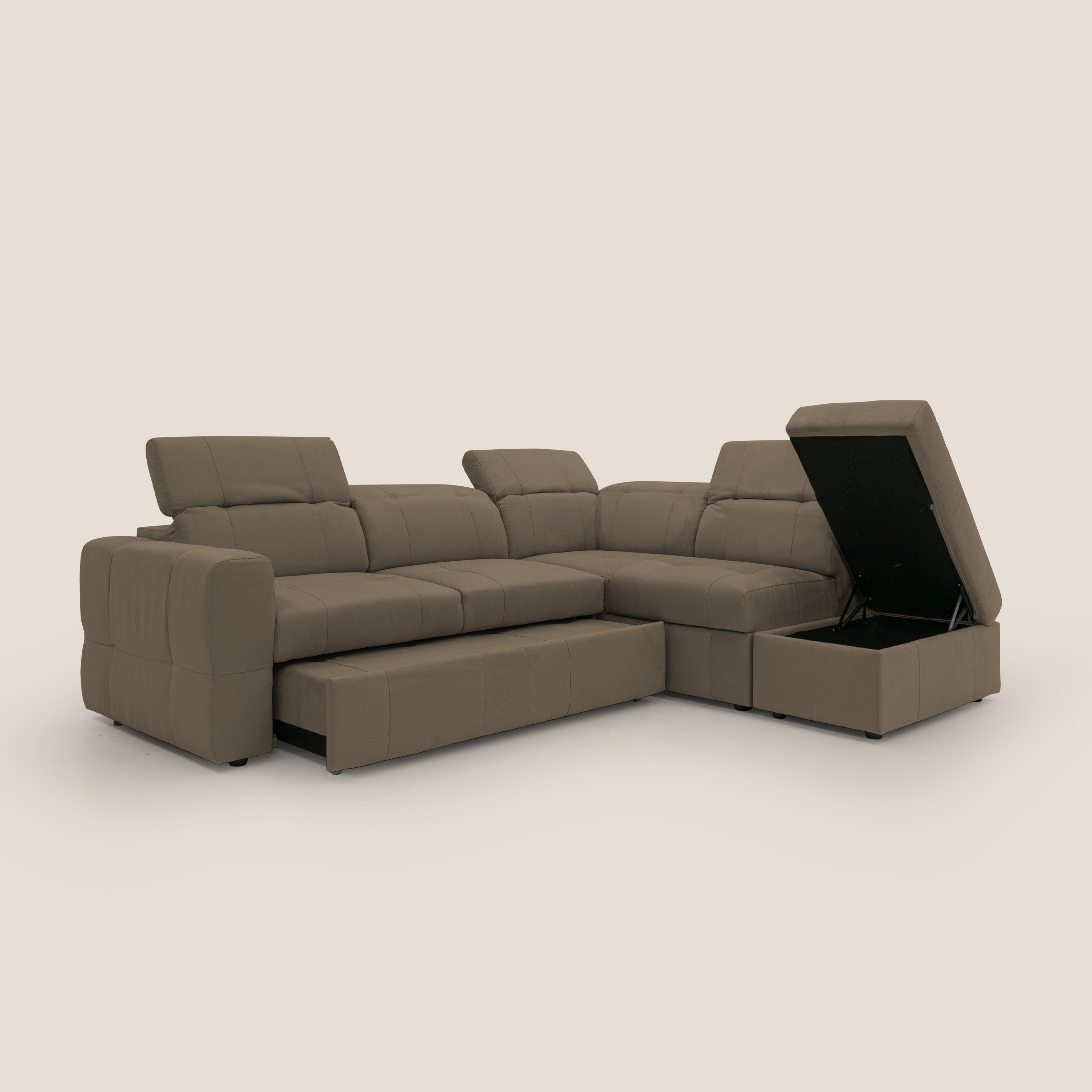 Kronos Divano angolare con poggiapiedi estraibile e pouf contenitore mobile in microfibra impermeabile T11 marrone - divani.store