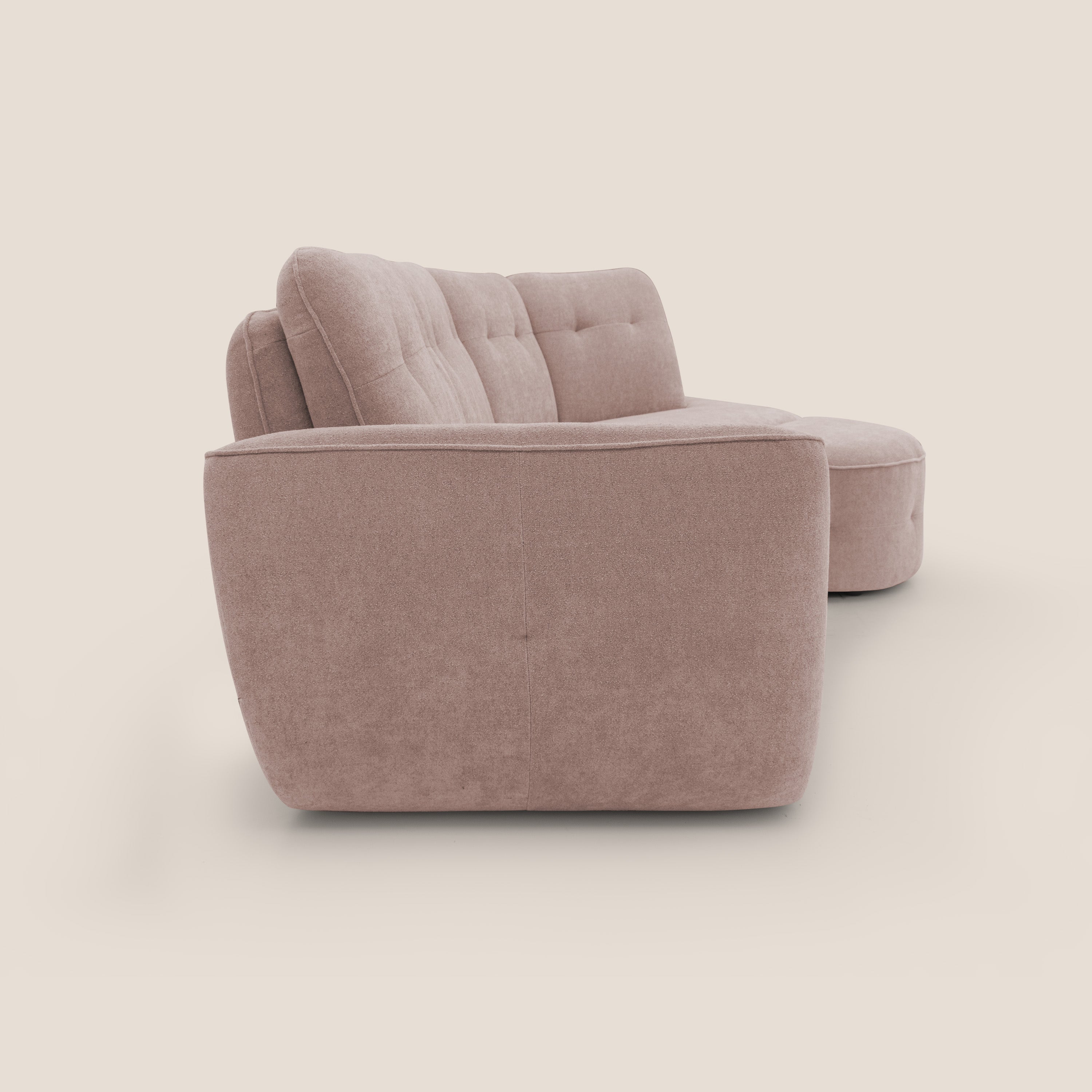Cerbero divano angolare con pouf mobile in morbido bouclé impermeabile T07 rosa - divani.store