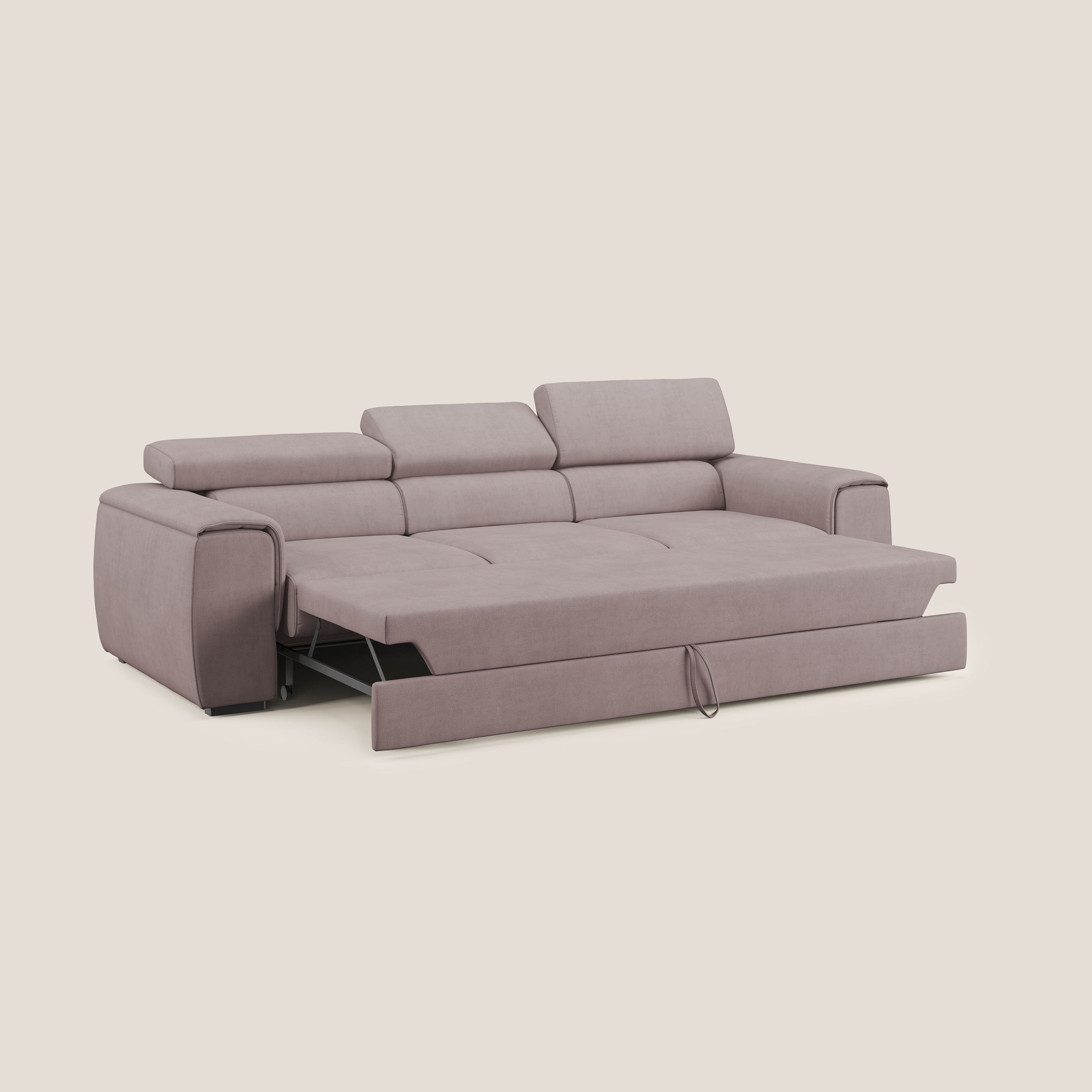 Zeno Divano con pouf estraibile poggiapiedi a 3 sedute in tessuto morbido impermeabile T02 rosa - divani.store