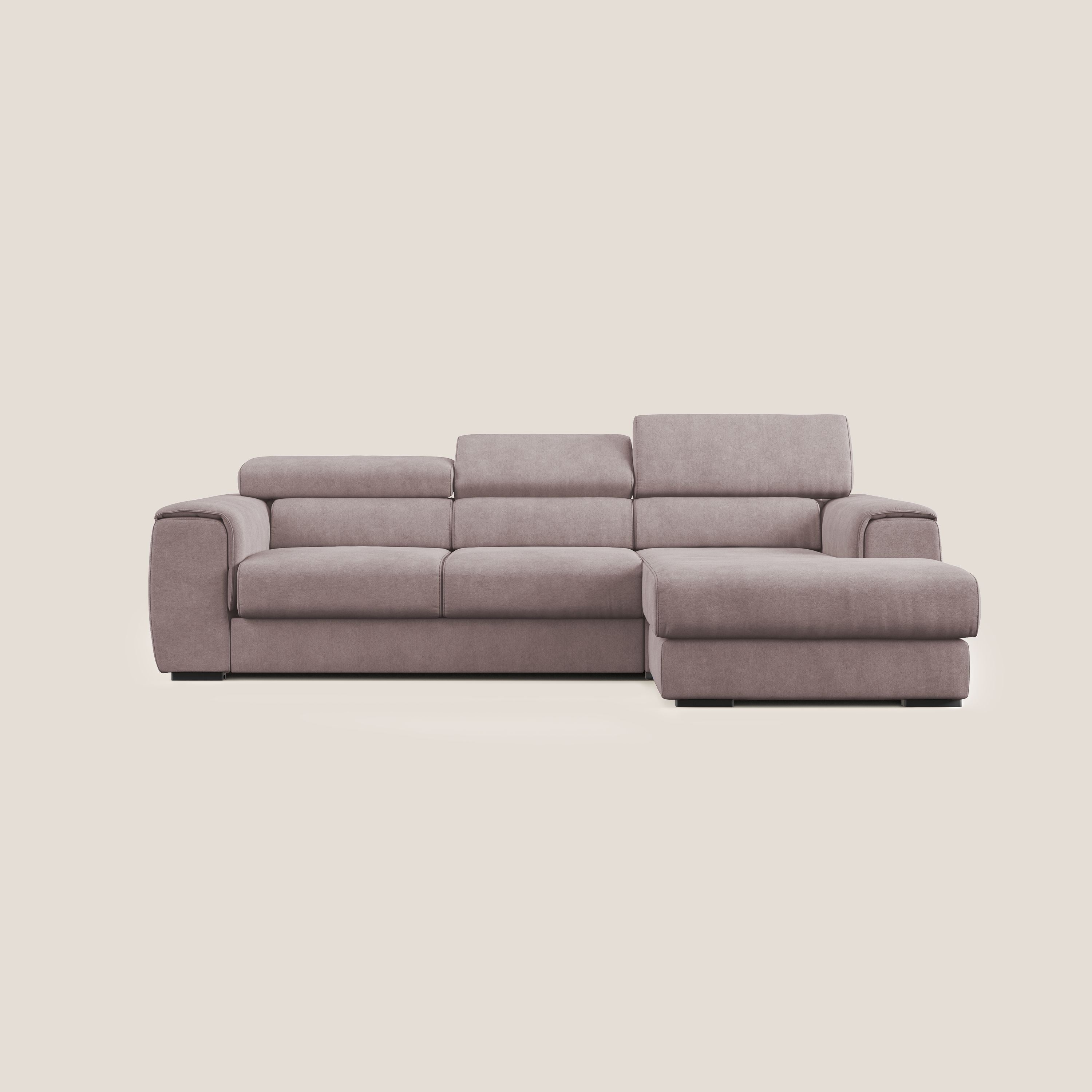 Zeno Divano angolare con pouf estraibile poggiapiedi in tessuto morbido impermeabile T02 rosa - divani.store