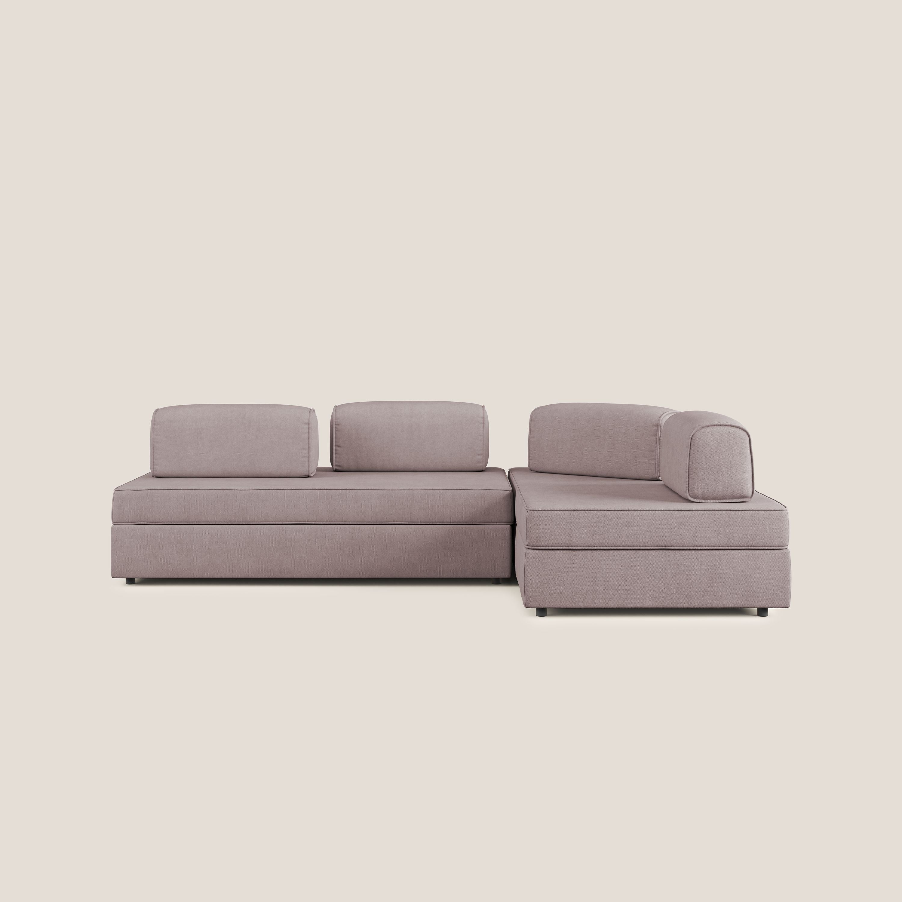 Liberty divano angolare con pouf estraibile e schienali movibili in tessuto morbido impermeabile T02 rosa - divani.store