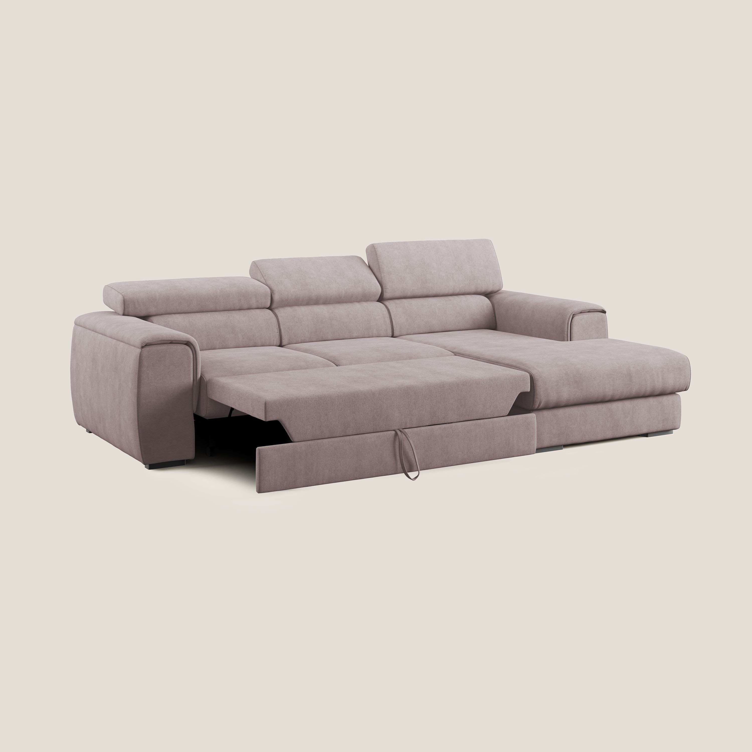 Zeno Divano angolare con pouf estraibile poggiapiedi in tessuto morbido impermeabile T02 rosa - divani.store