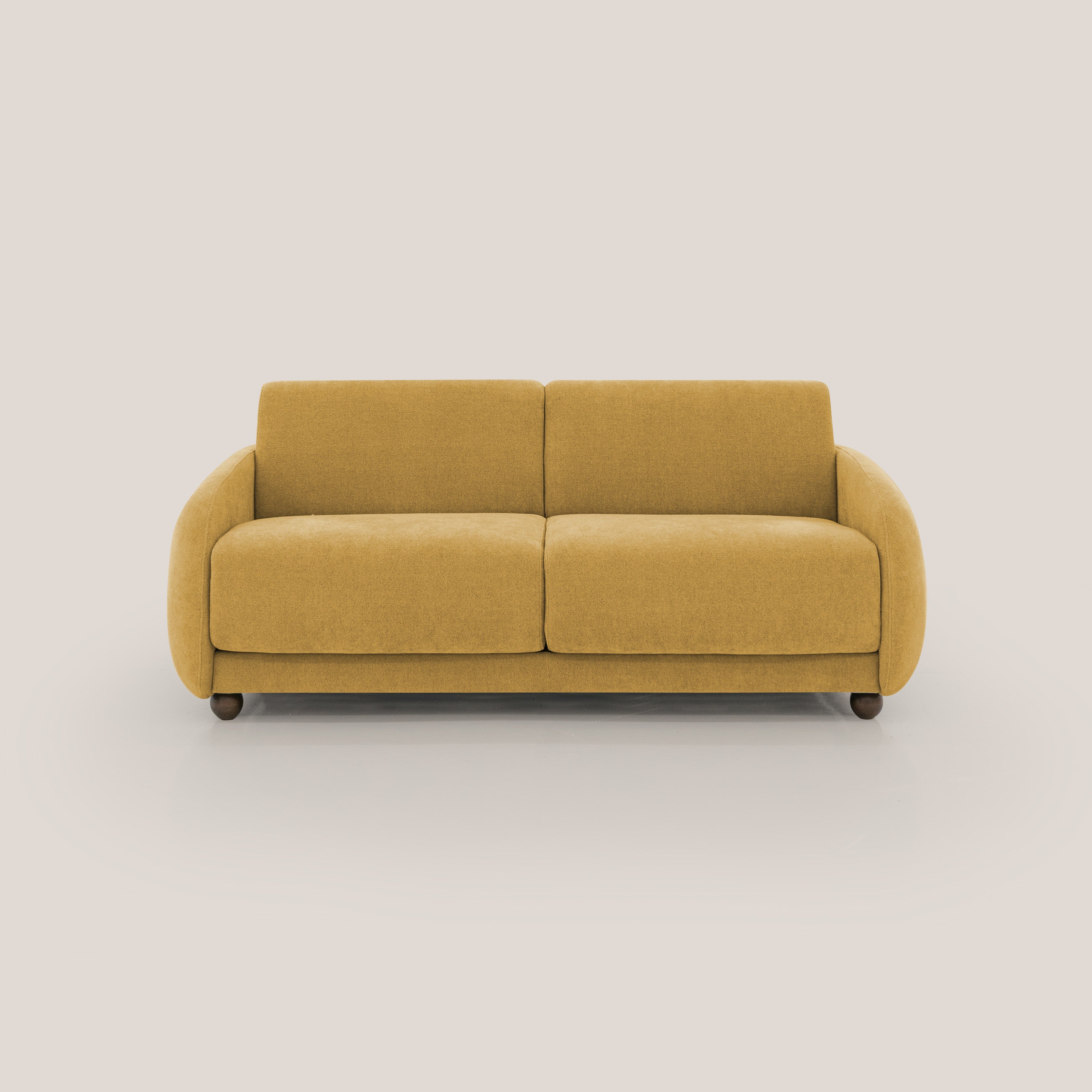 Giglio divano letto scandinavo japandi con materasso H18 cm in tessuto Bouclé impermeabile T07 giallo - divani.store