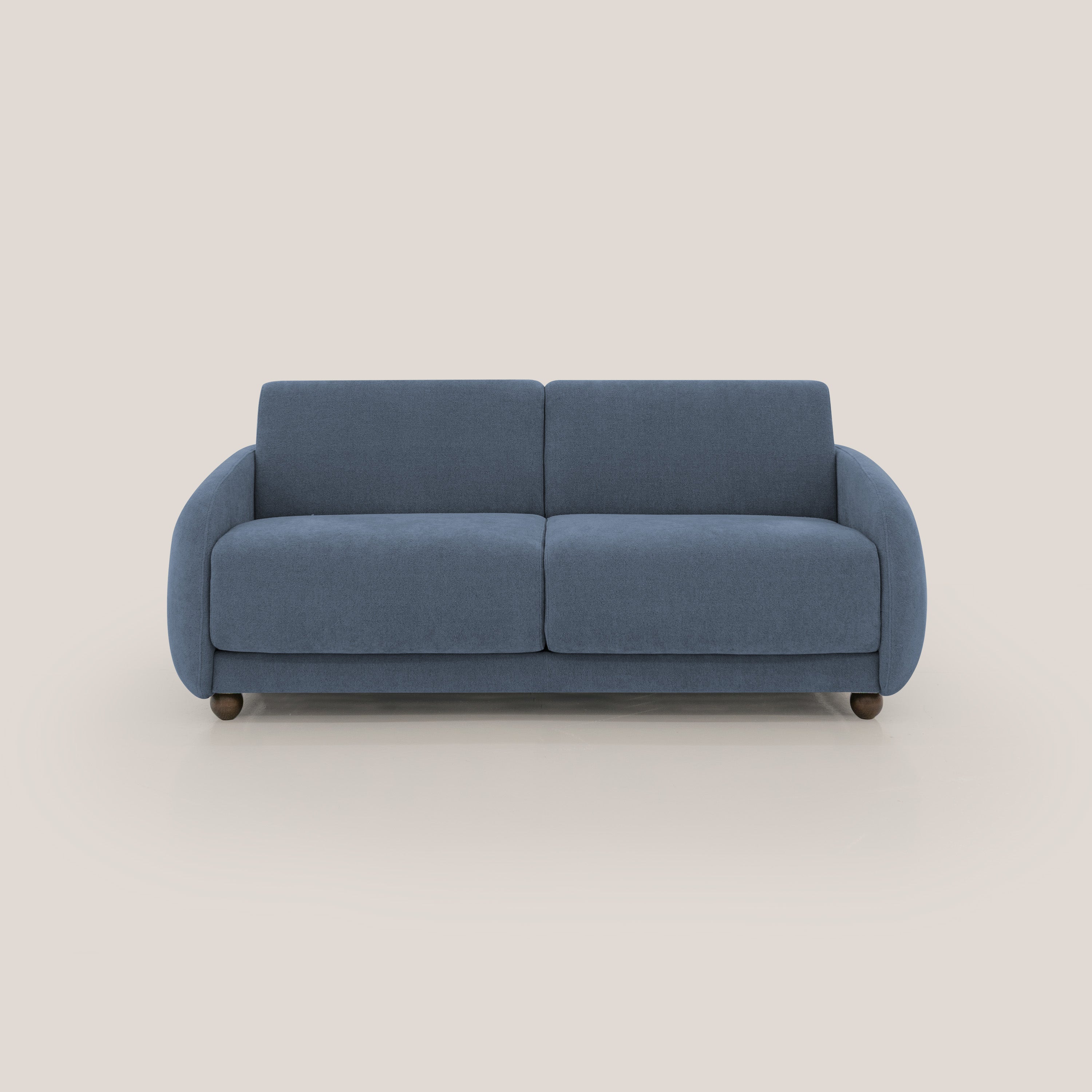 Giglio divano letto scandinavo japandi con materasso H18 cm in tessuto Bouclé impermeabile T07 blu - divani.store