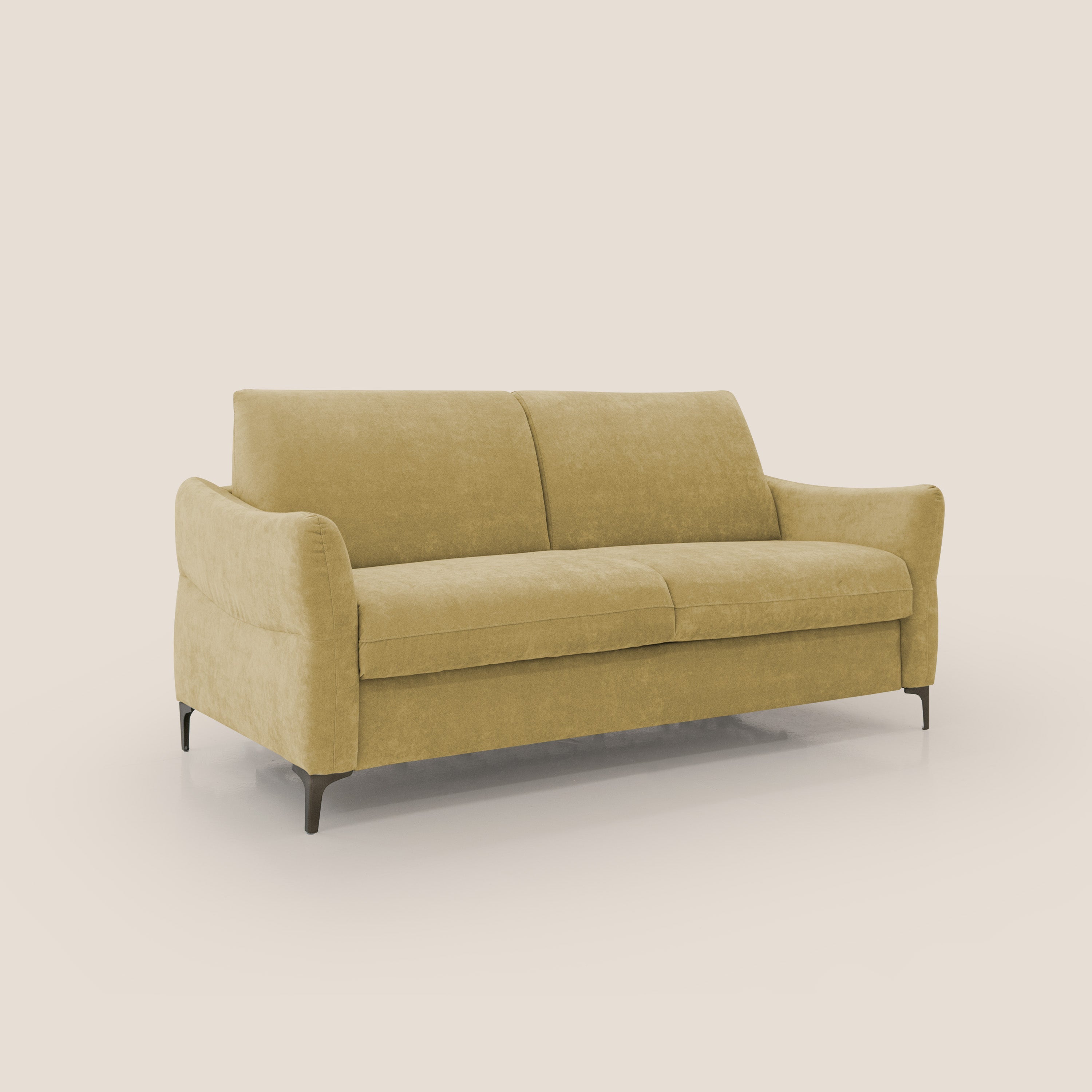 Dalia divano letto con materasso H18 cm e piedi alti in raffinato tessuto smacchiabile T17 giallo - divani.store