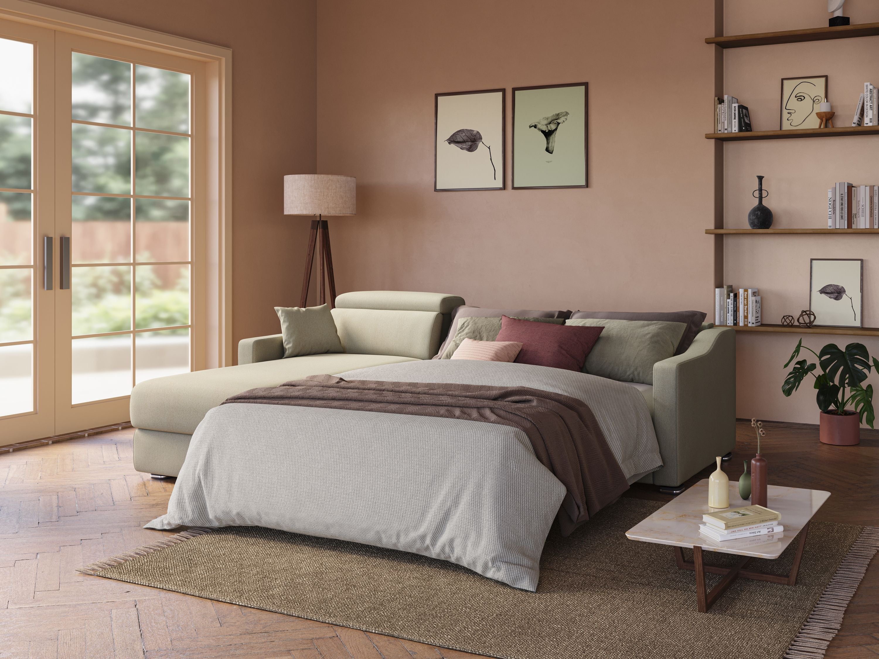 Amber divano letto angolare in tessuto smacchiabile T05 beige - divani.store