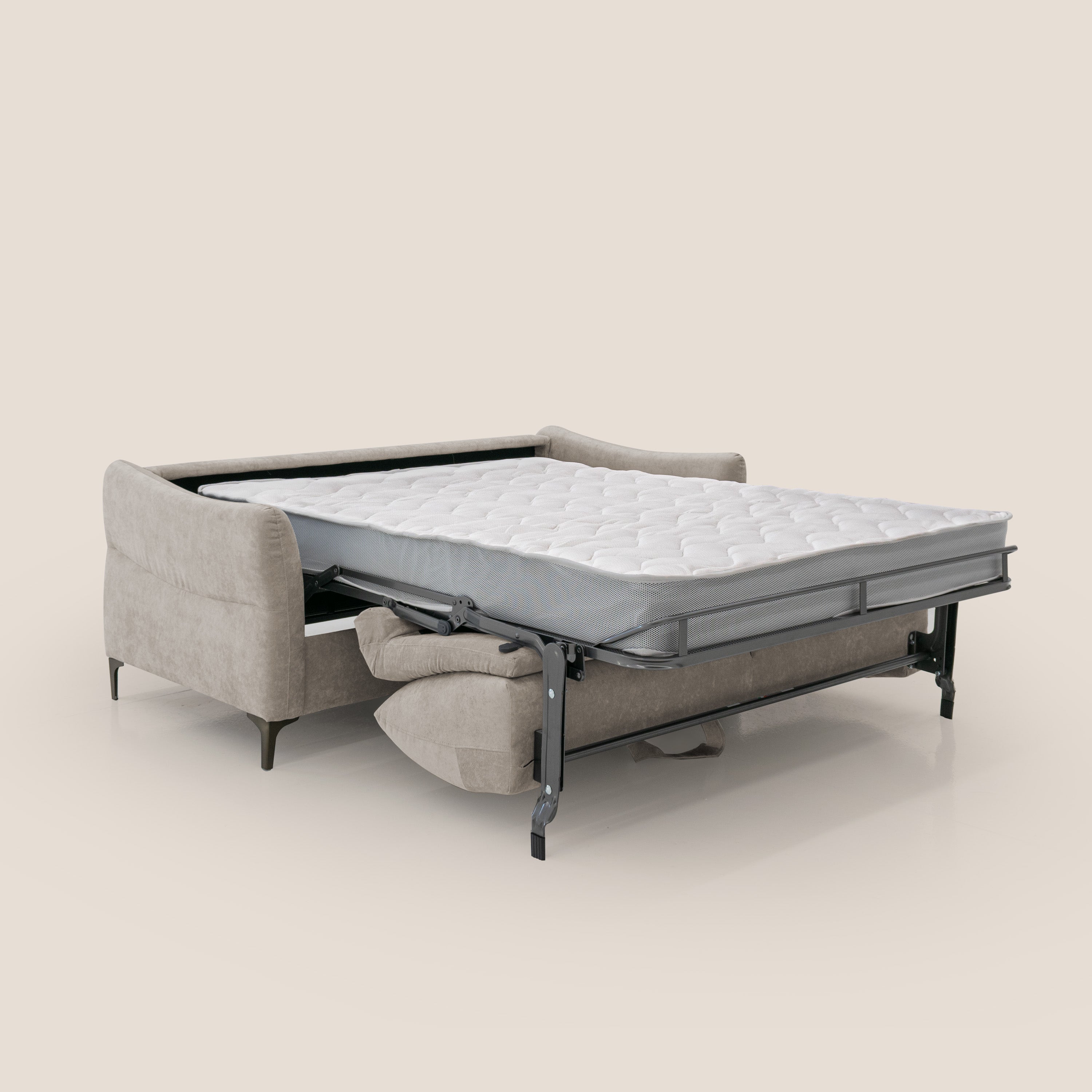Dalia divano letto con materasso H18 cm e piedi alti in raffinato tessuto smacchiabile T17 beige - divani.store