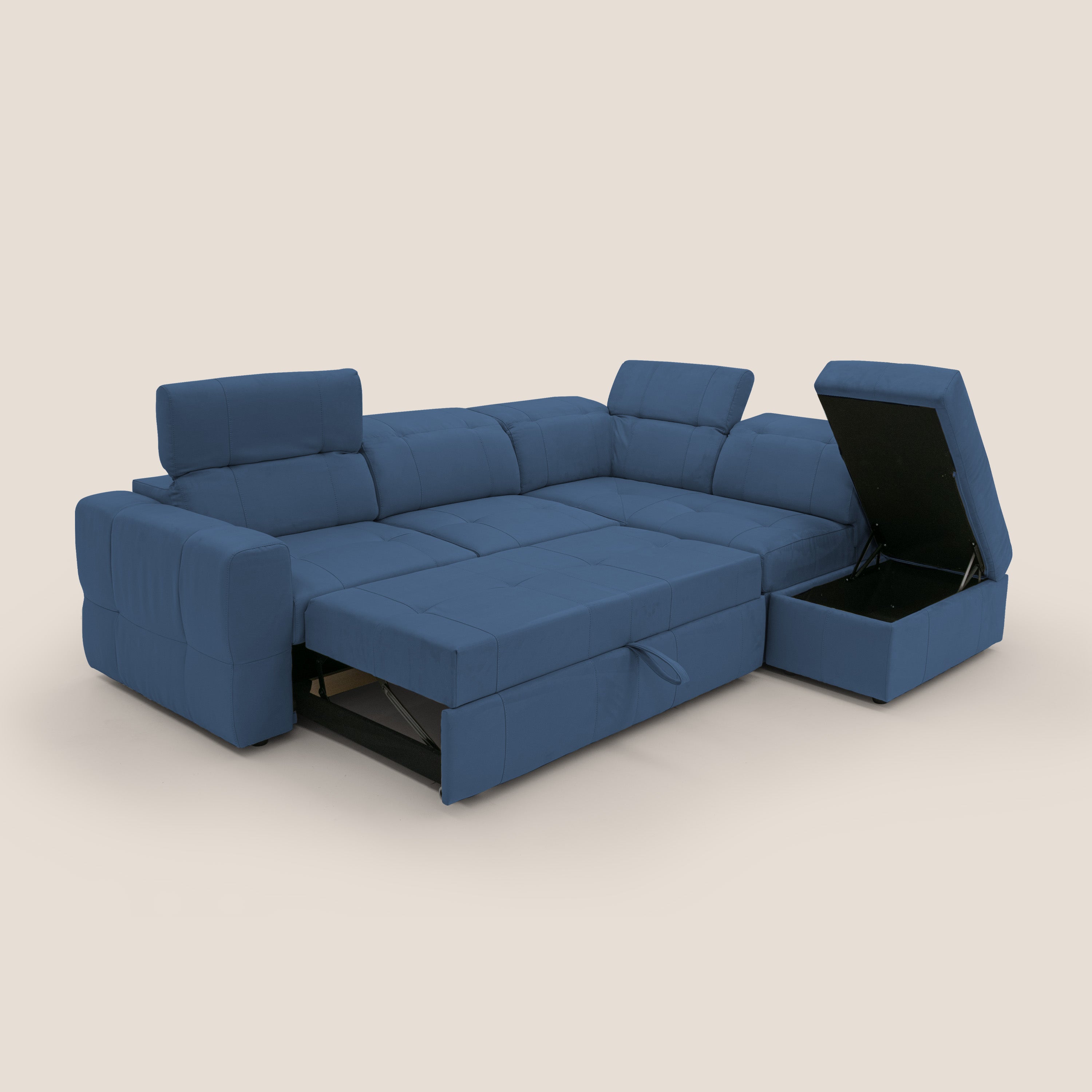 Kronos Divano angolare con poggiapiedi estraibile e pouf contenitore mobile in microfibra impermeabile T11 blu - divani.store