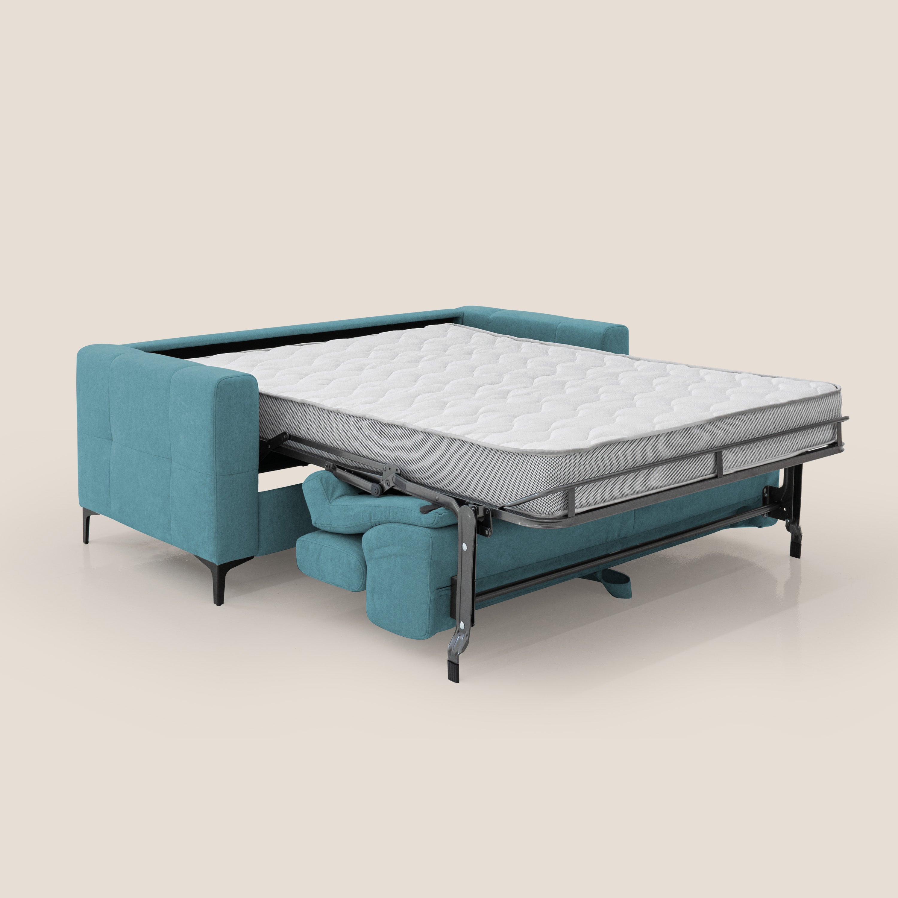 Gardenia divano letto materasso alto 18 cm con poggiatesta reclinabili e rivestimento impermeabile T02 azzurro - divani.store