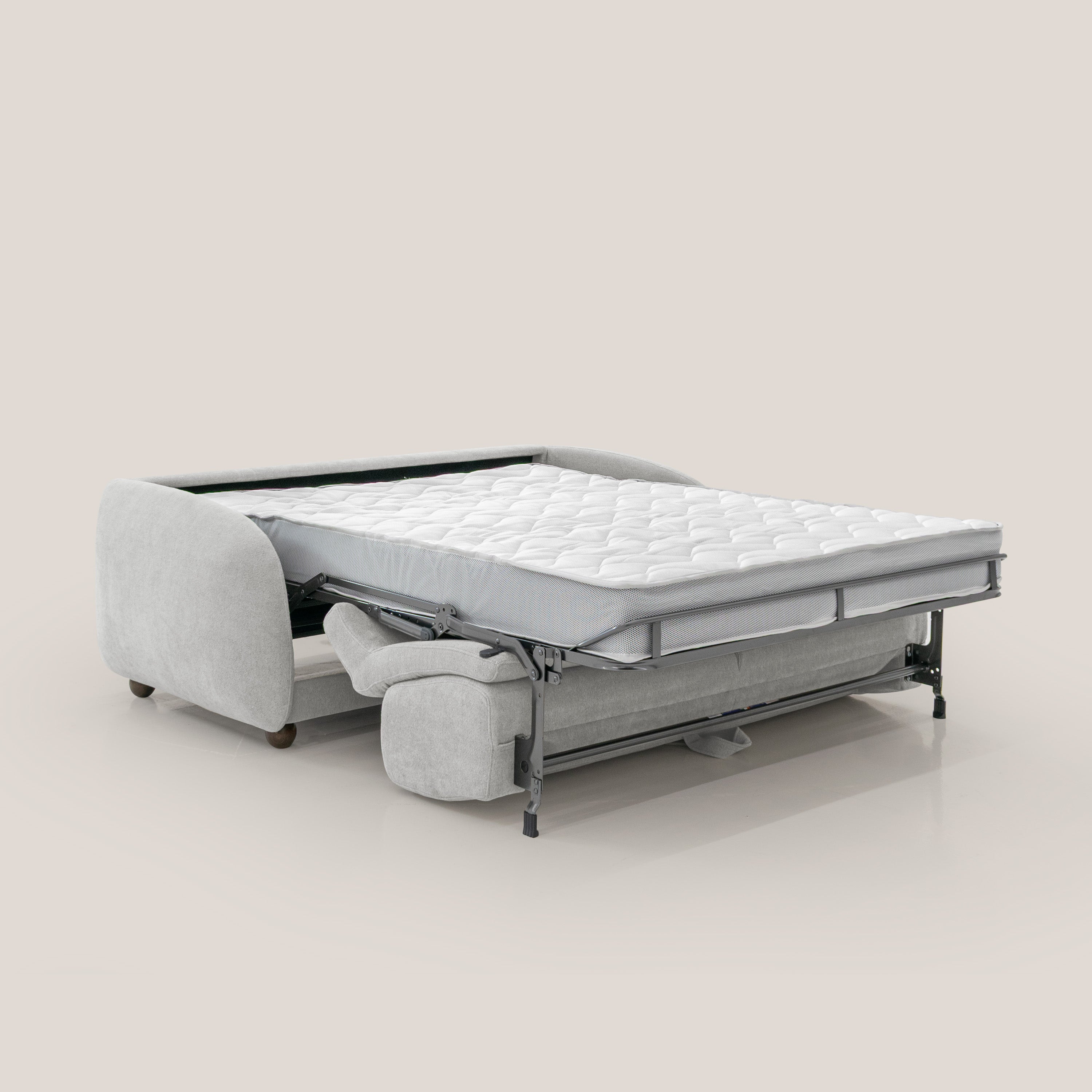 Giglio divano letto scandinavo japandi con materasso H18 cm in tessuto Bouclé impermeabile T07 grigio - divani.store