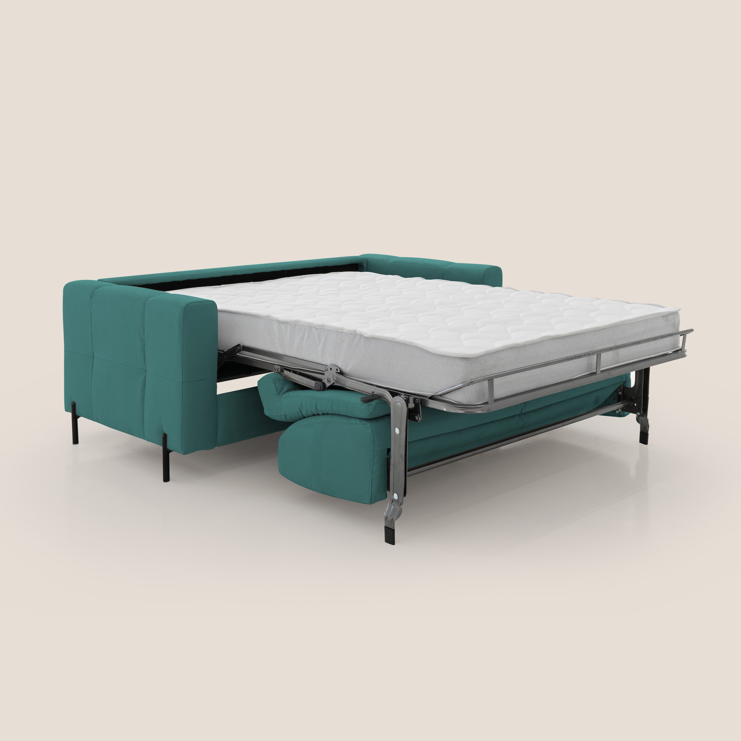 Ortensia divano letto materasso H18 cm con piedi alti in elegante microfibra smacchiabile T11 petrolio - divani.store