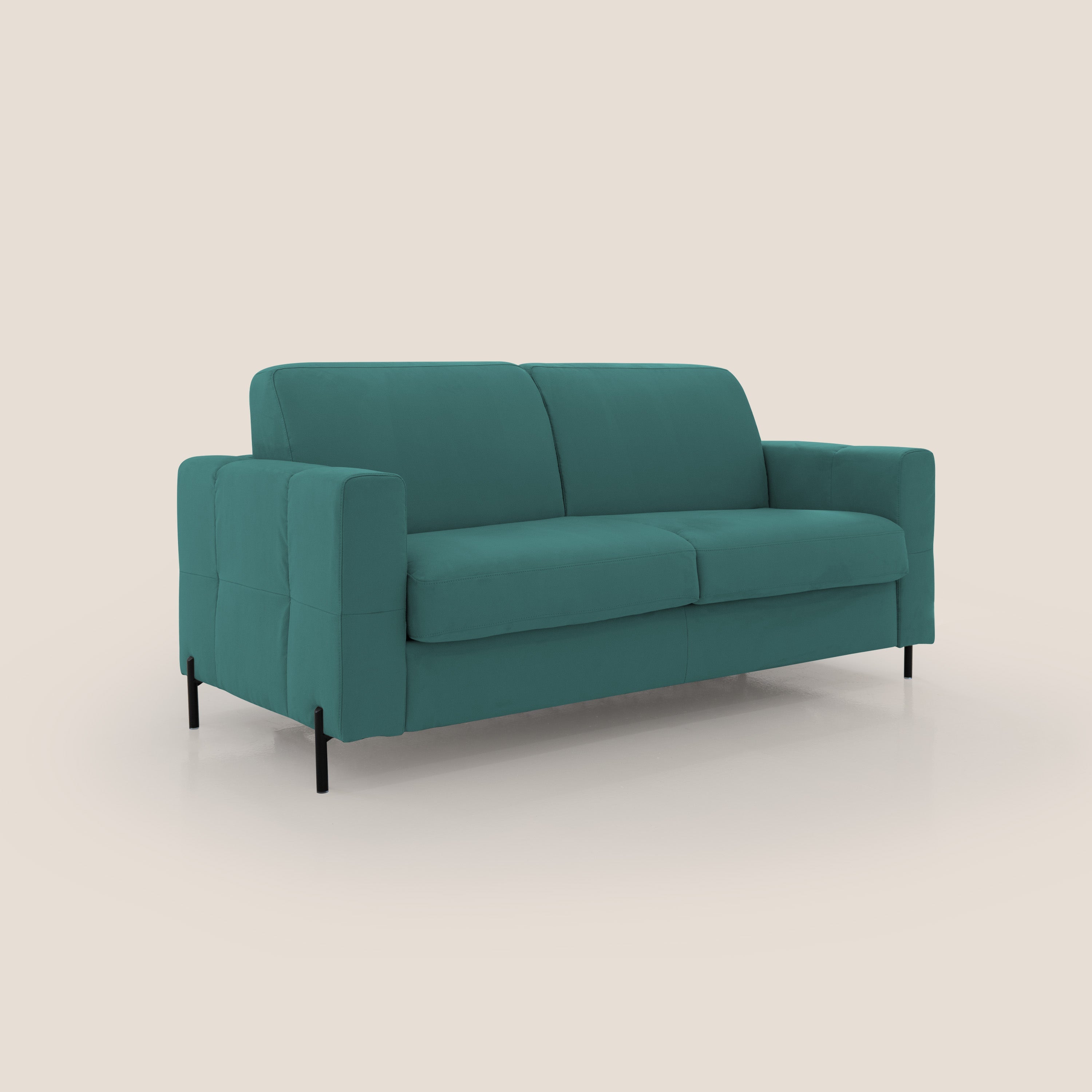 Ortensia divano letto materasso H18 cm con piedi alti in elegante microfibra smacchiabile T11 petrolio - divani.store