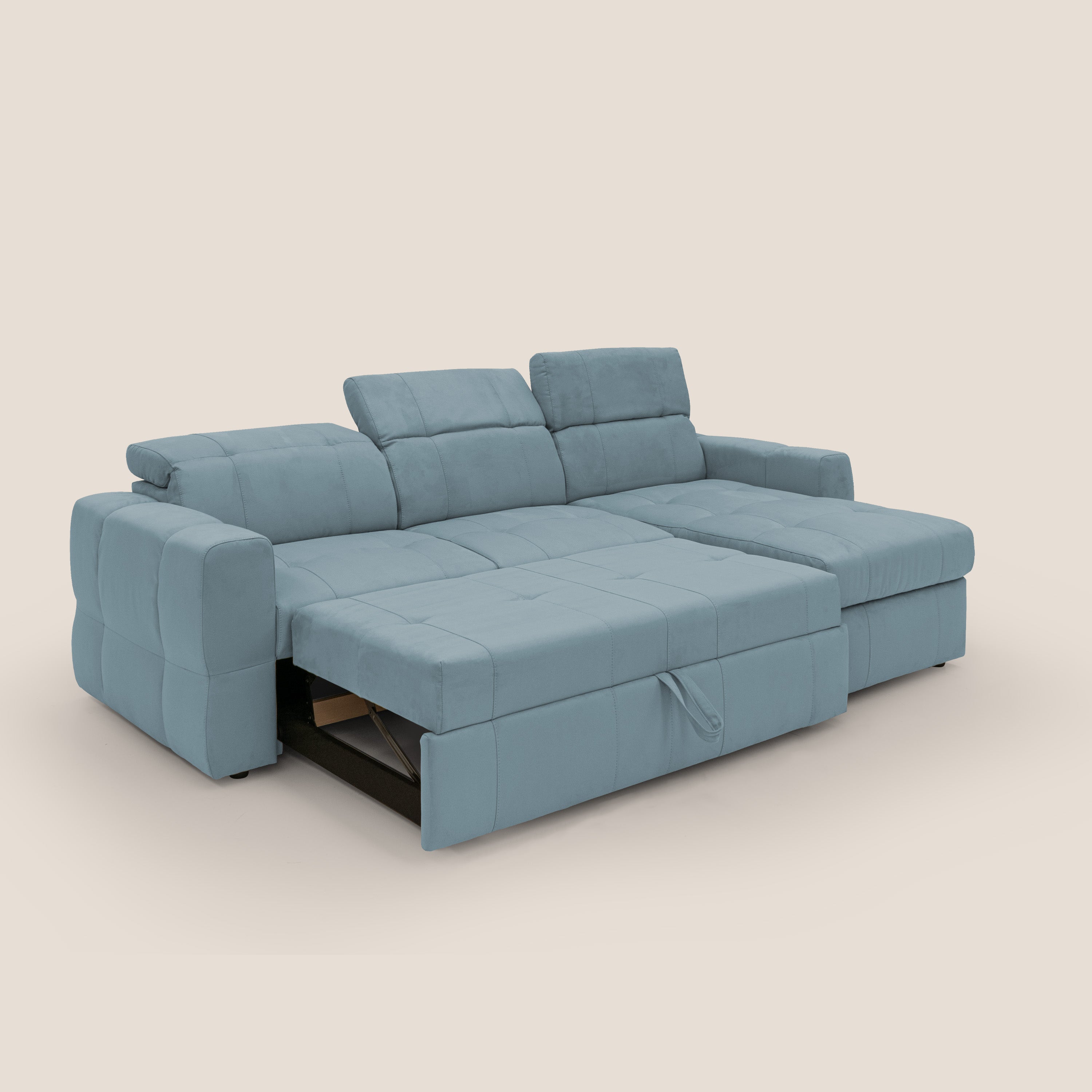 Kronos Divano angolare con pouf estraibile e penisola contenitore in microfibra impermeabile T11 carta da zucchero - divani.store