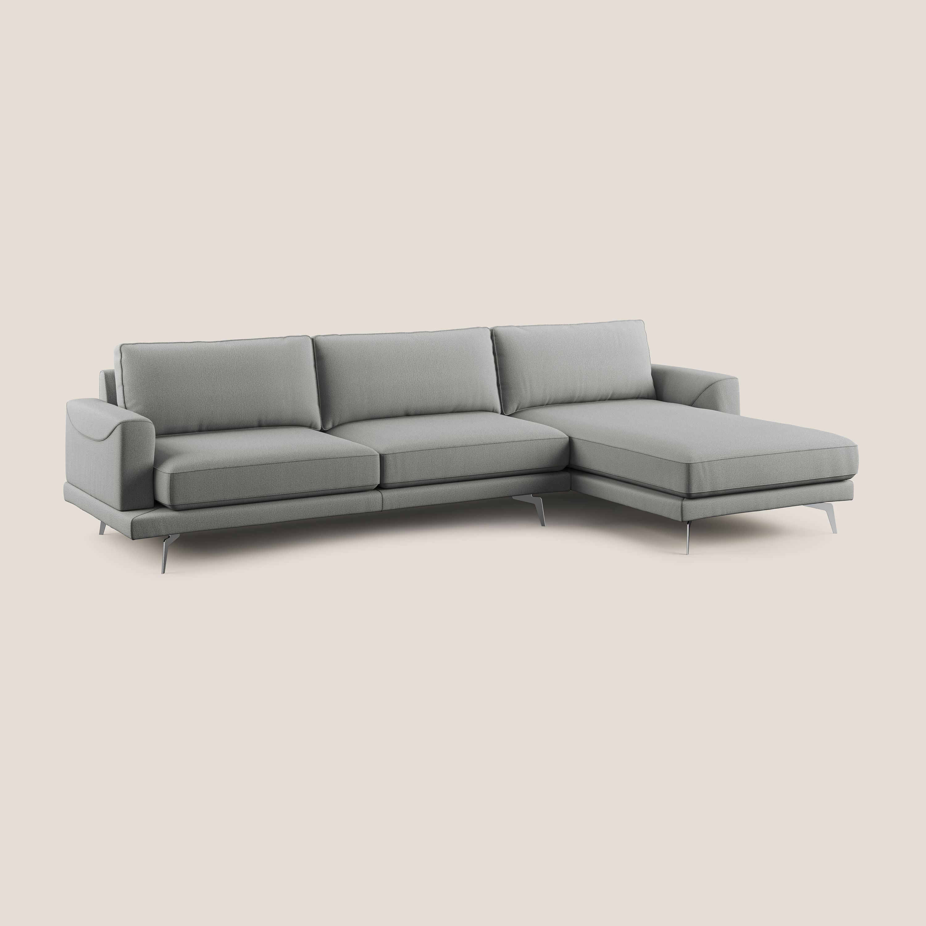 Dorian divano moderno angolare con penisola in tessuto morbido antimacchia T05 grigio - divani.store