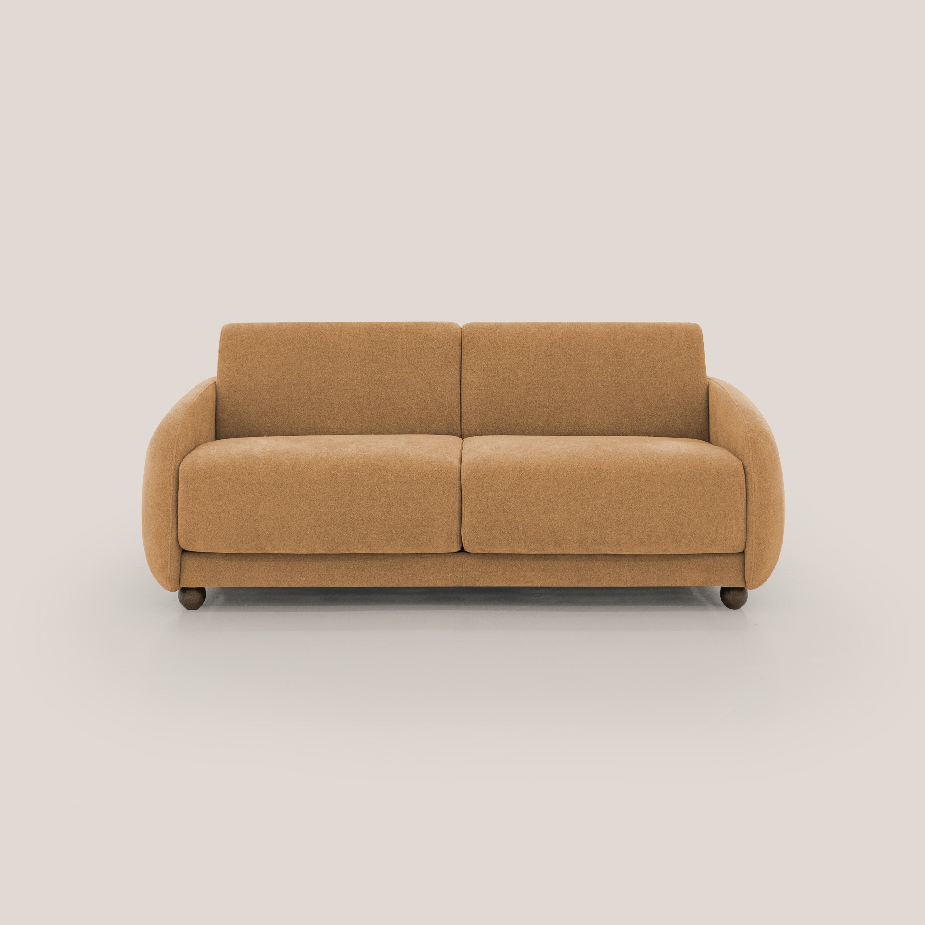 Giglio divano letto scandinavo japandi con materasso H18 cm in tessuto Bouclé impermeabile T07 arancio - divani.store