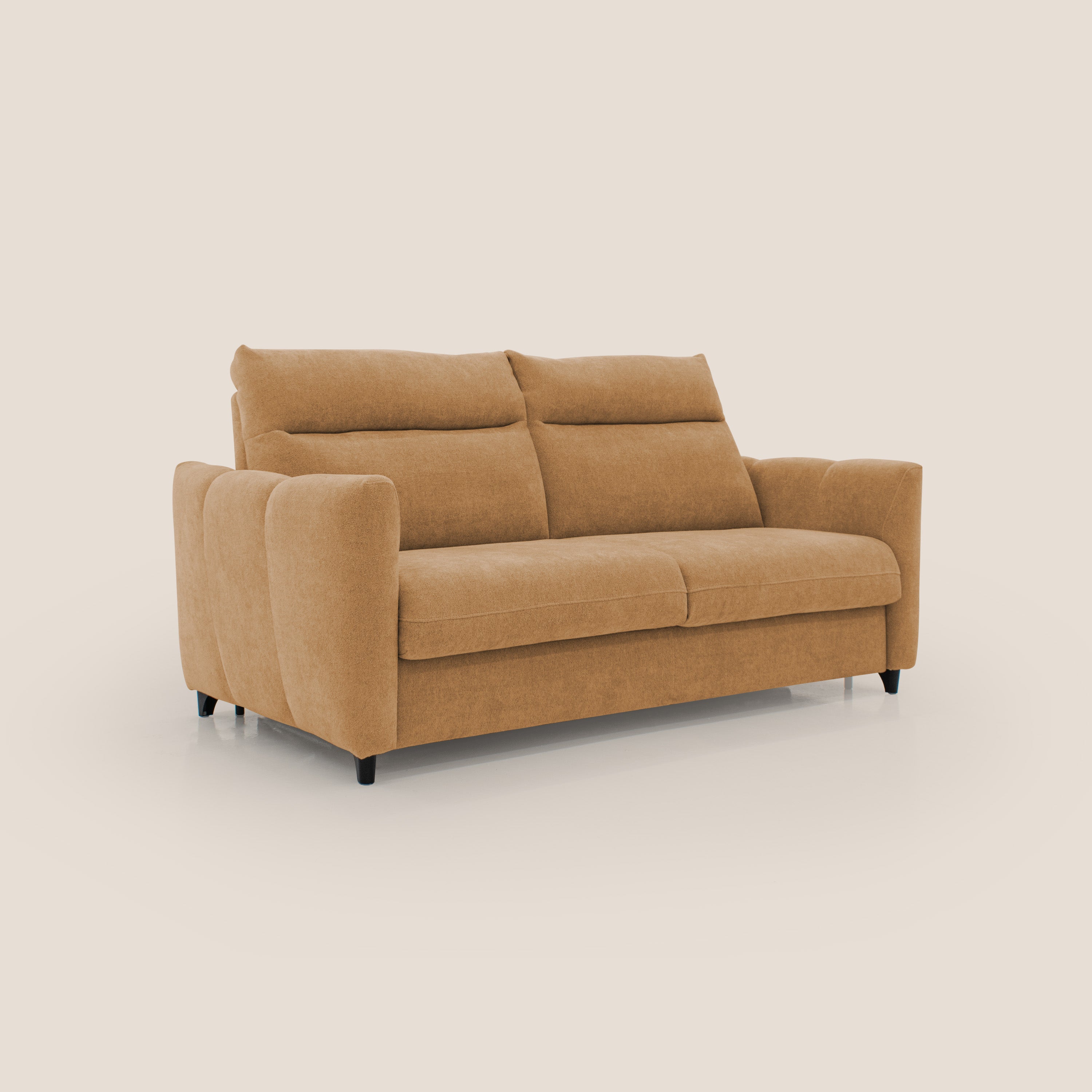 Peonia divano letto scandinavo con materasso H18 cm e morbido e alto schienale in tessuto Bouclé impermeabile T07 arancio - divani.store