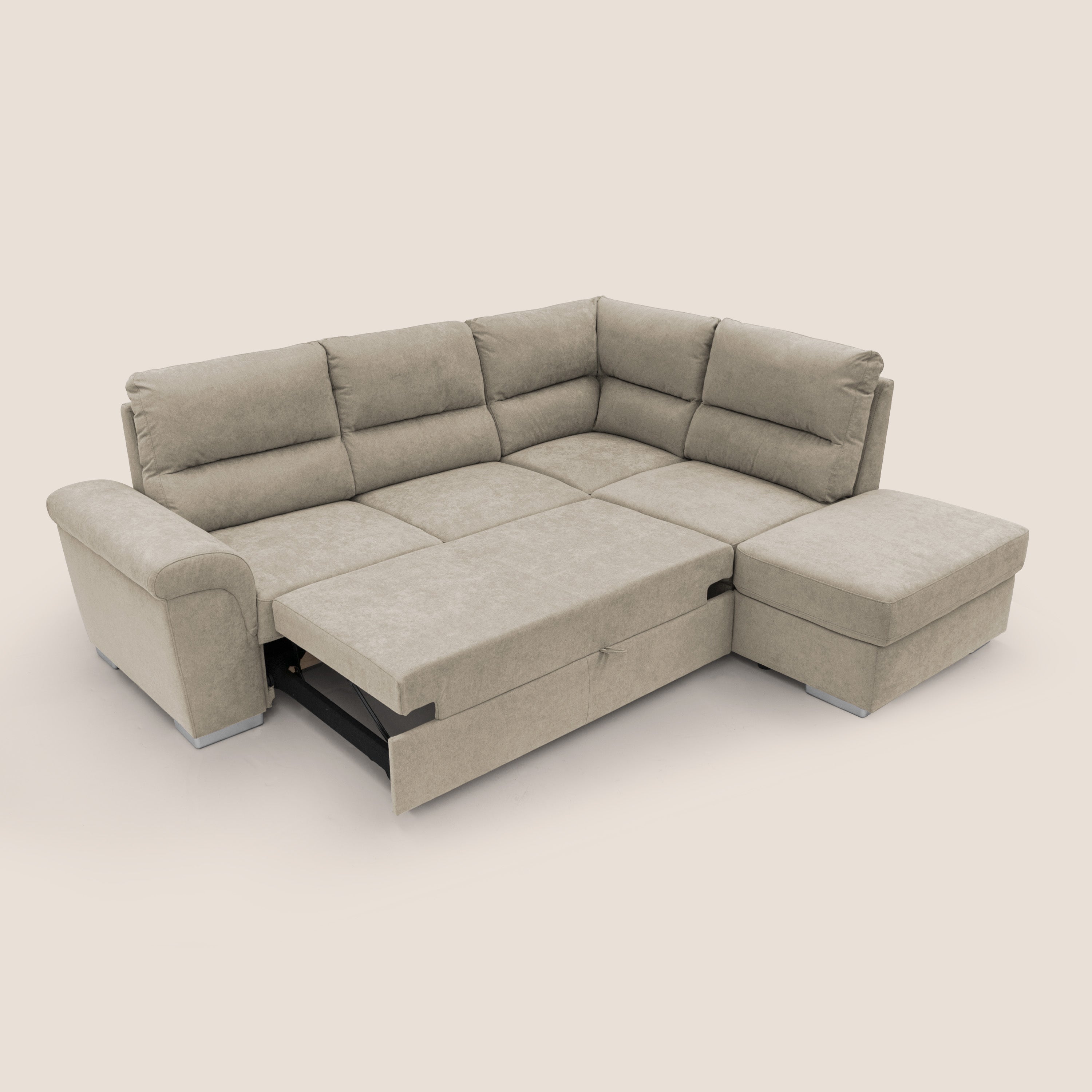 Minerva divano angolare con estraibile a cassettone e pouf contenitore in tessuto morbido impermeabile T02 panna - divani.store