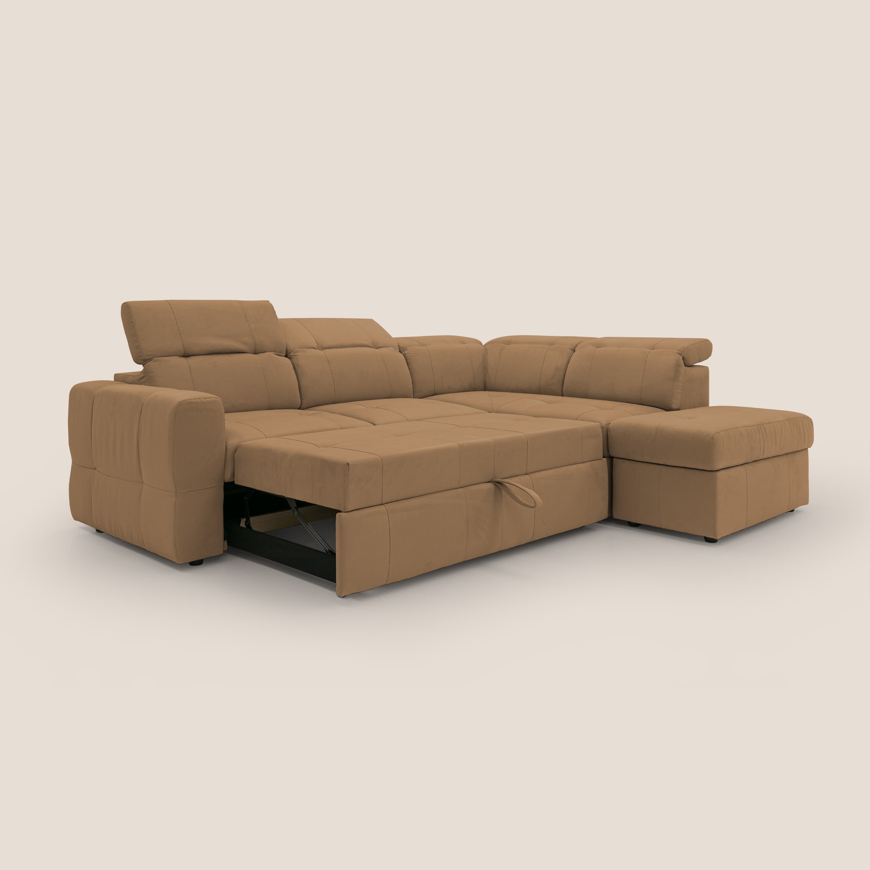 Kronos Divano angolare con poggiapiedi estraibile e pouf contenitore mobile in microfibra impermeabile T11 cuoio - divani.store