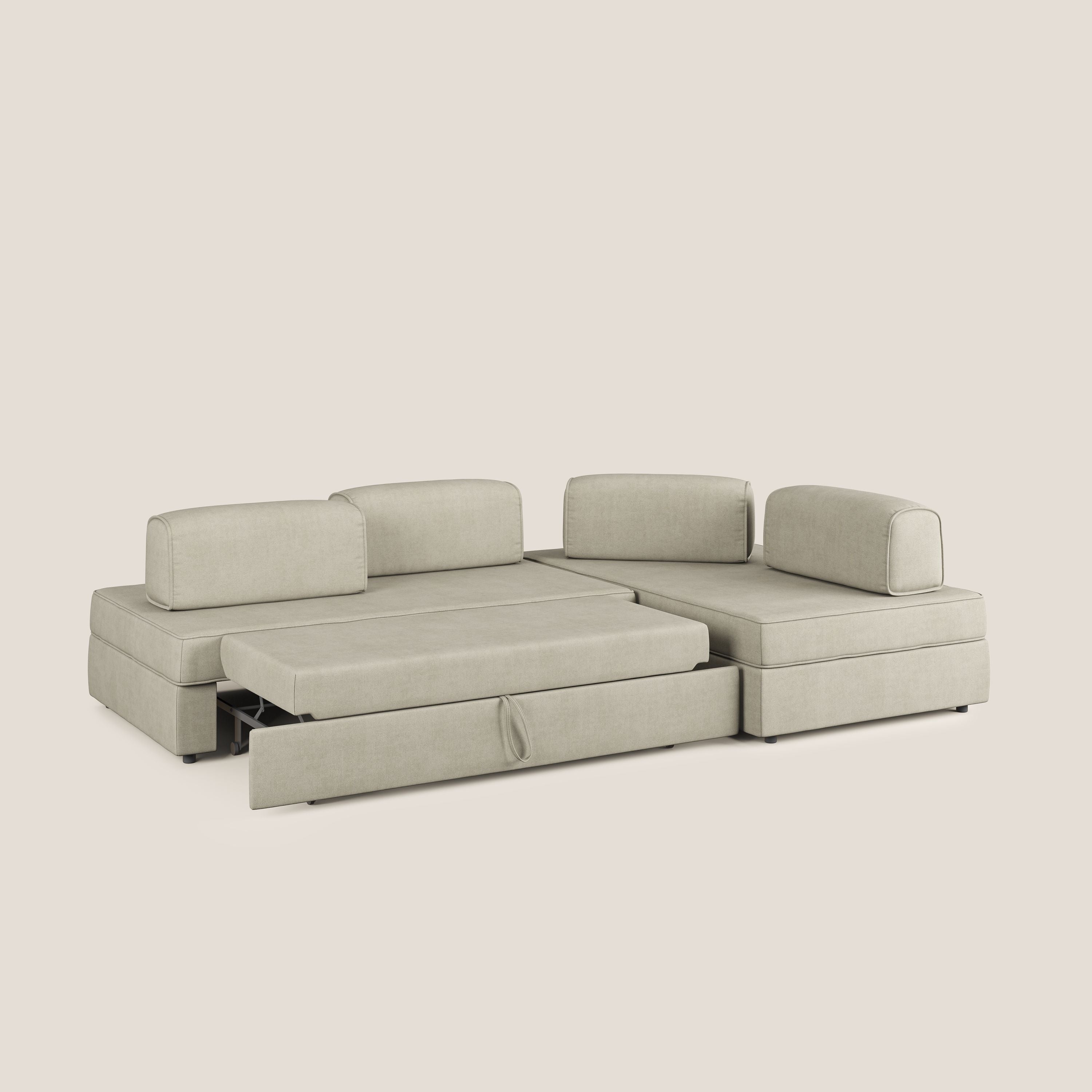 Liberty divano angolare con pouf estraibile e schienali movibili in tessuto morbido impermeabile T02 panna - divani.store