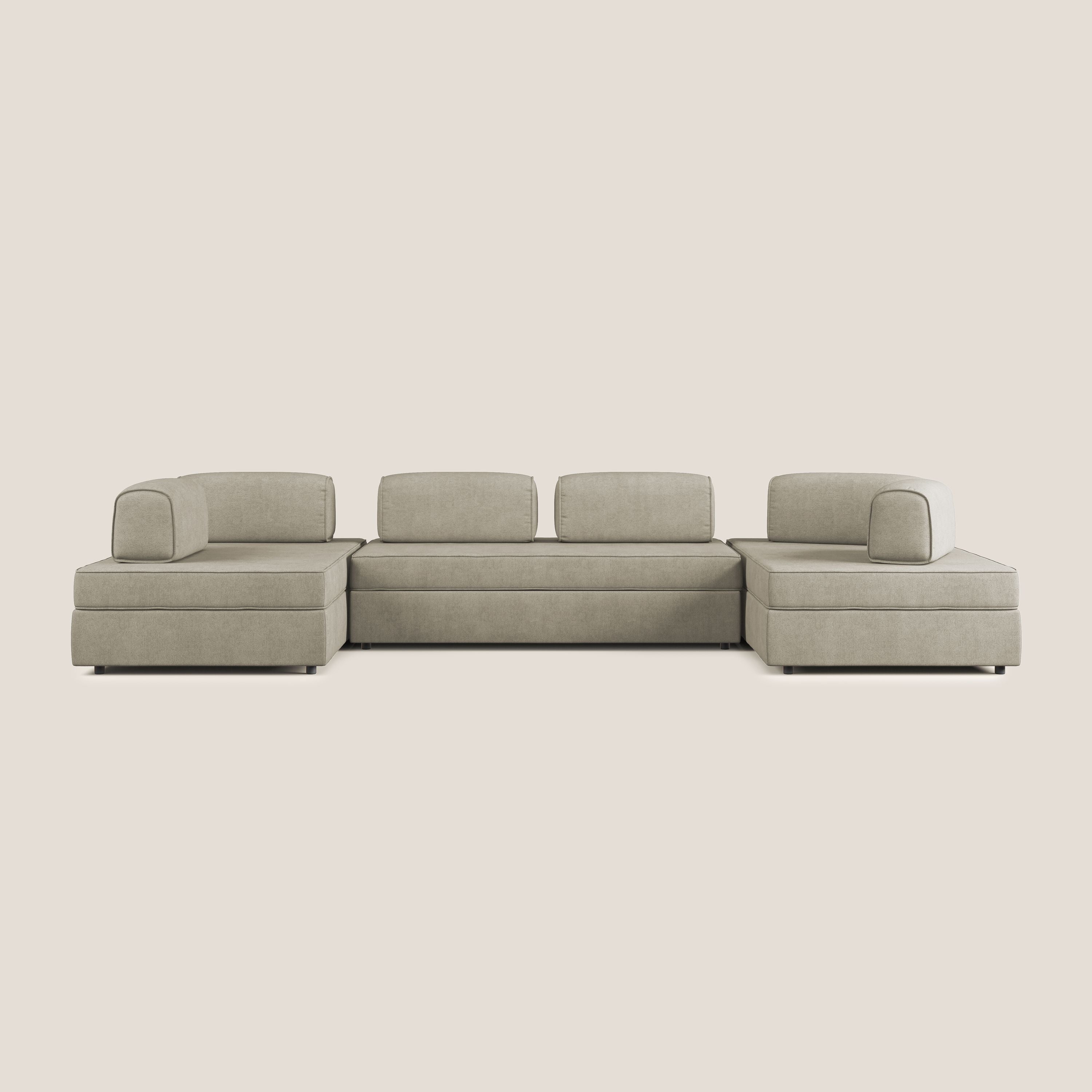 Liberty divano panoramico con pouf estraibile e schienali movibili in tessuto morbido impermeabile T02 panna - divani.store
