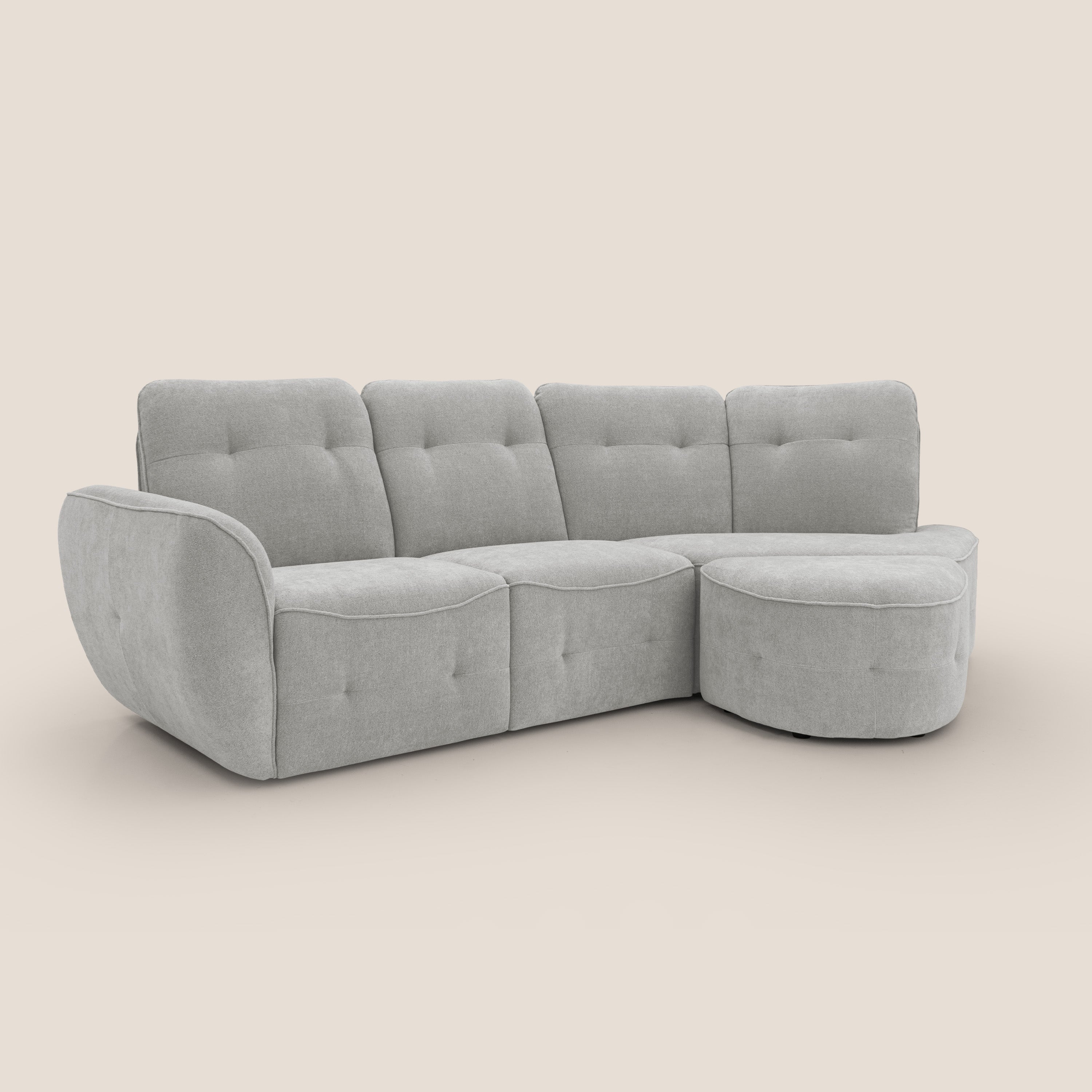 Cerbero divano angolare con pouf mobile in morbido bouclé impermeabile T07 grigio - divani.store