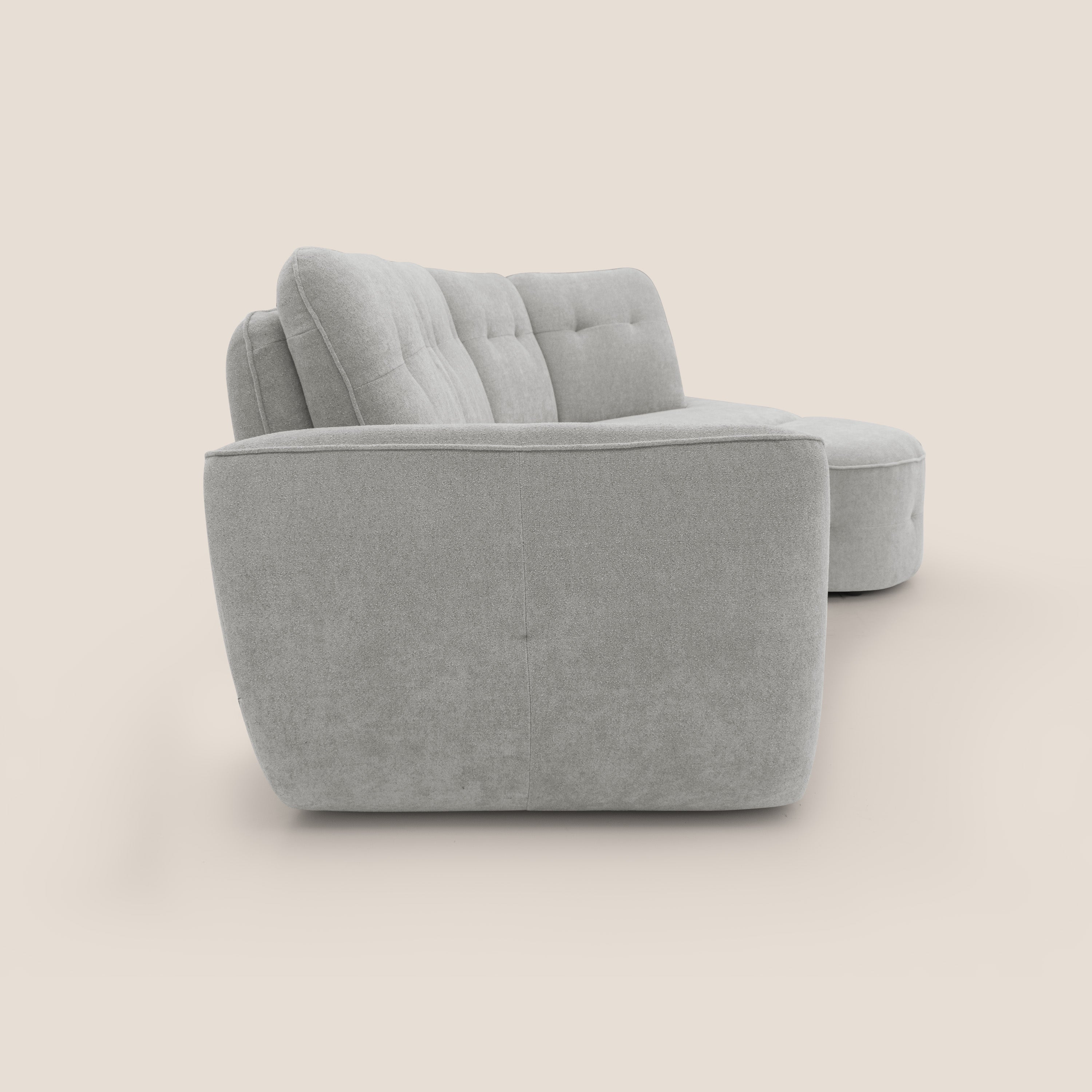 Cerbero divano angolare con pouf mobile in morbido bouclé impermeabile T07 grigio - divani.store