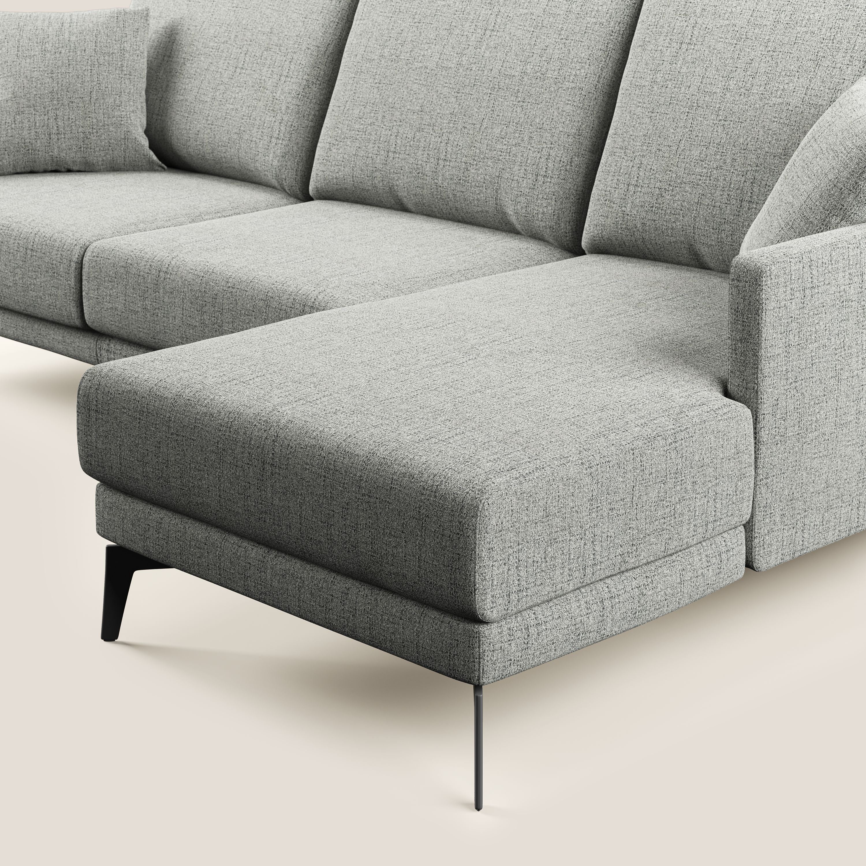 Saturno divano angolare moderno in tessuto morbido impermeabile T03 grigio chiaro - divani.store